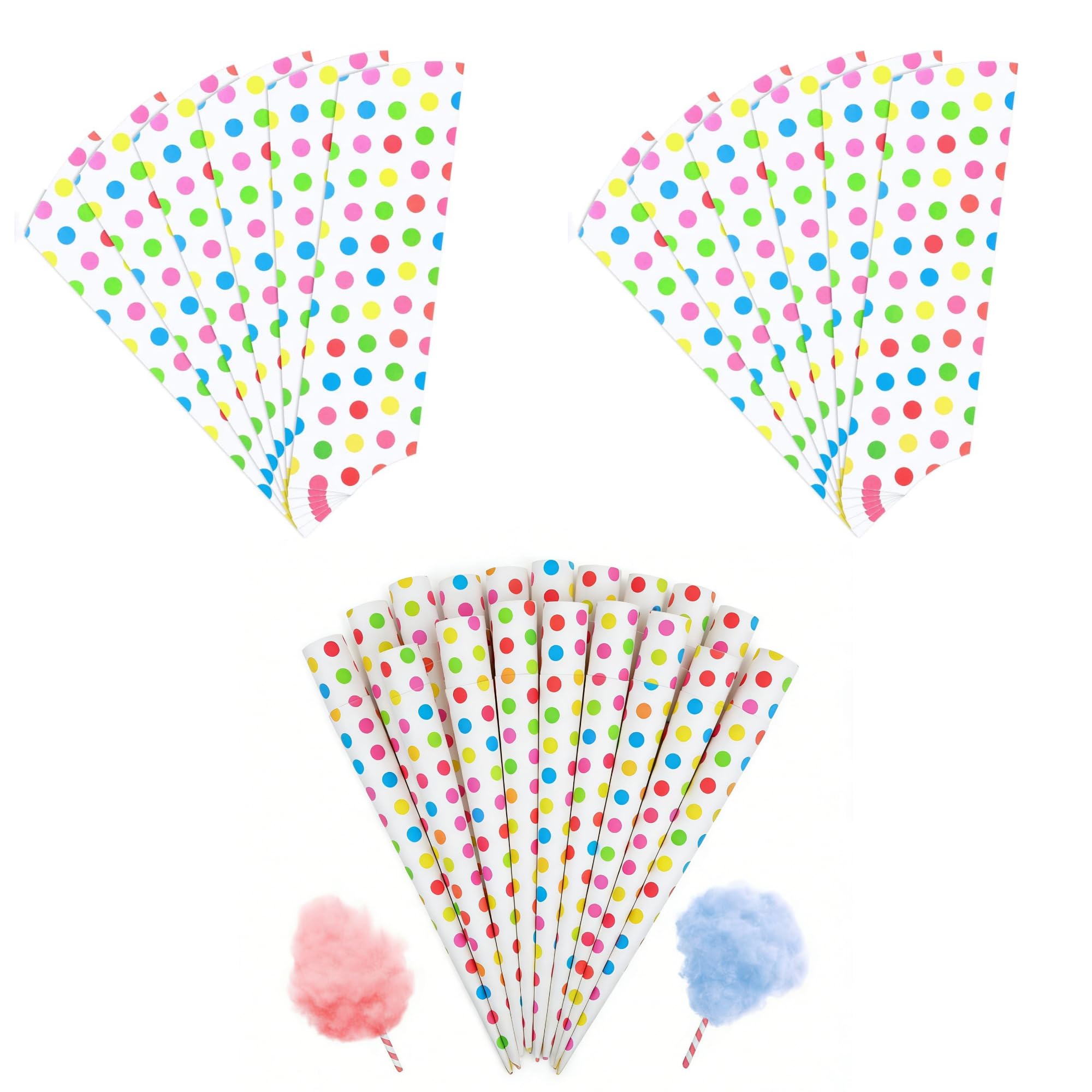 100 Packs Paper Cotton Candy Cones, Kraft Paper Sticks for Floss Sugar, Carnival Treats, Cotton Candy Making Supplies for Christmas Birthday Holiday Indoor Outdoor Activities(Polka Dots)