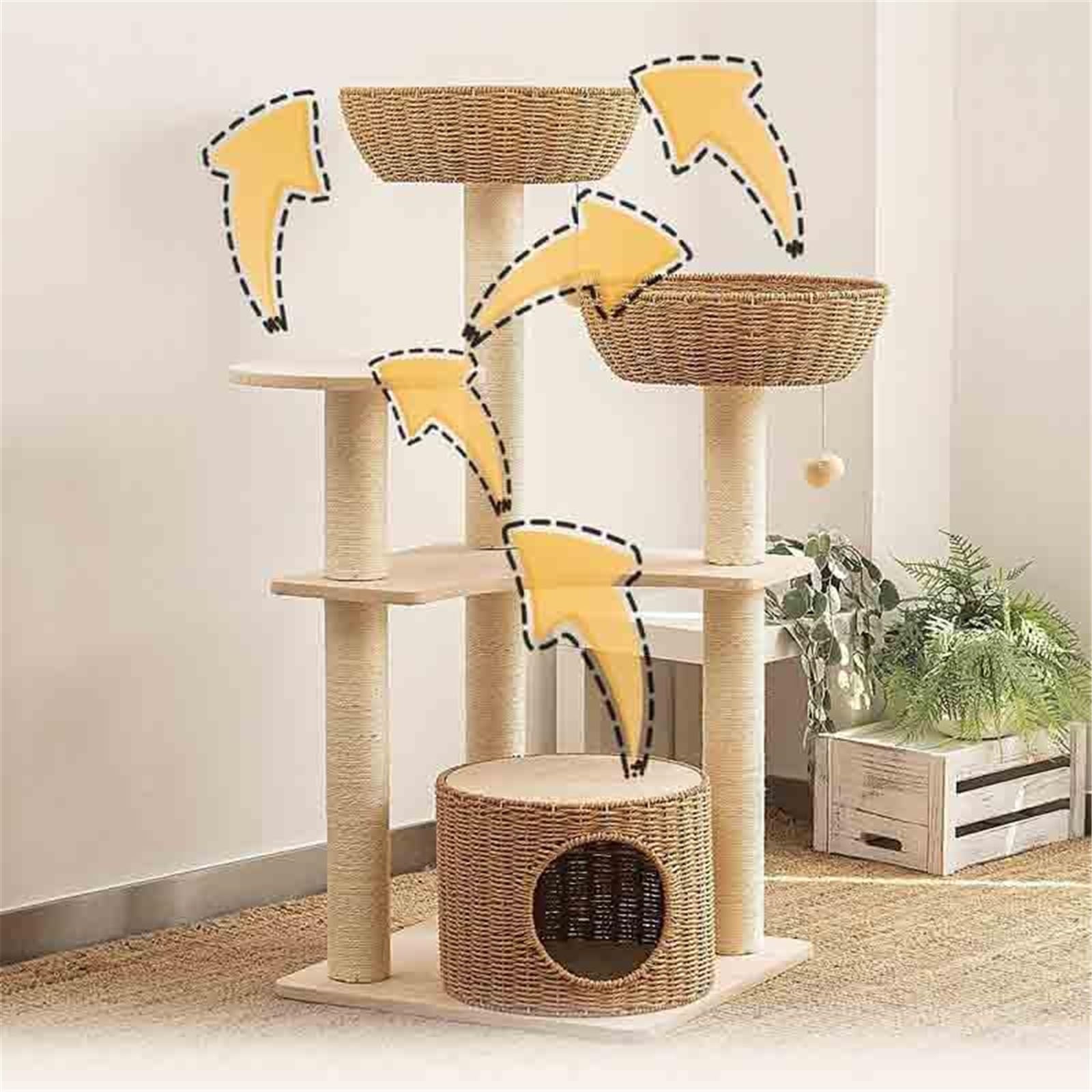 Torre for Gatos de Varios Niveles 115 cm con Poste rascador | Condominio for gatos resistente con canasta tejida a mano