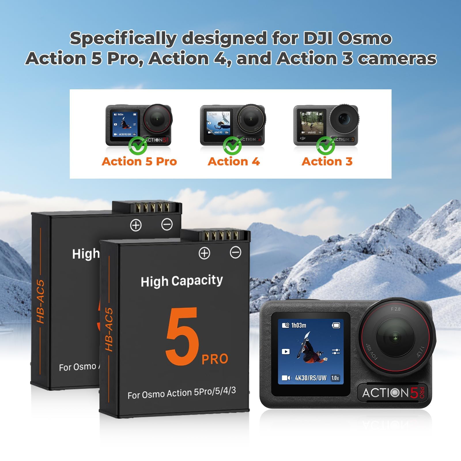 OSMO Action 6/5 Pro/4/3, kit di 3 batterie di ricambio da 2800 mAh, tipo C, USB, doppio canale, caricatore LED per OSMO Action 6/5 Pro/OSMO Action 4/OSMO Action 3 (3 batterie + 1 ricarica)
