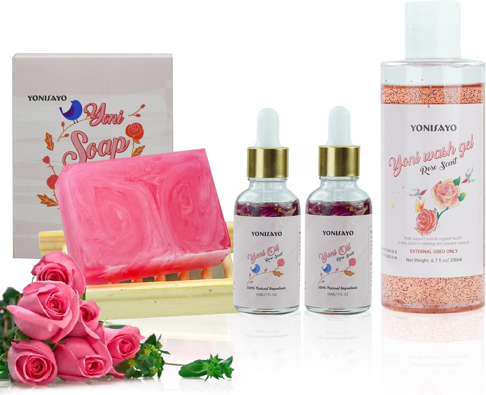 Yoni Wash & Yoni Oil & Yoni Soap for Women Set, 5.29oz Yoni Soap Bar, 2*30ml Feminine Oil, 6.7 fl.oz Feminine Wash, Moisturizing Remove Odor, pH Balance and Vaginial Deodorants, Rose