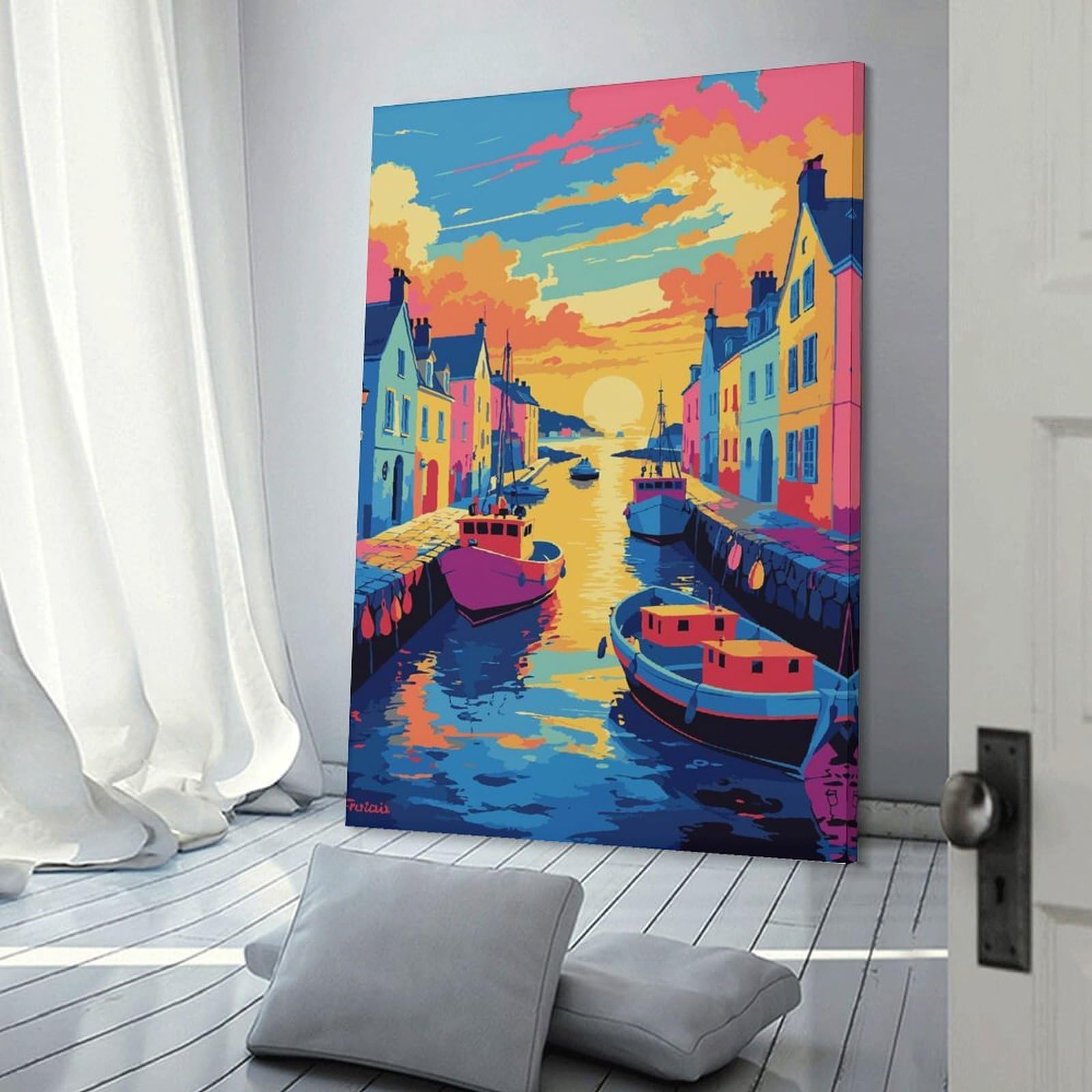 Junmoney Colorful Harbor Scene Painting Canvas Wall Decor 20x30inch(50x75cm), for Home Lounge, Bedroom Or Reading Nook, A Home Accent with Warm Character
