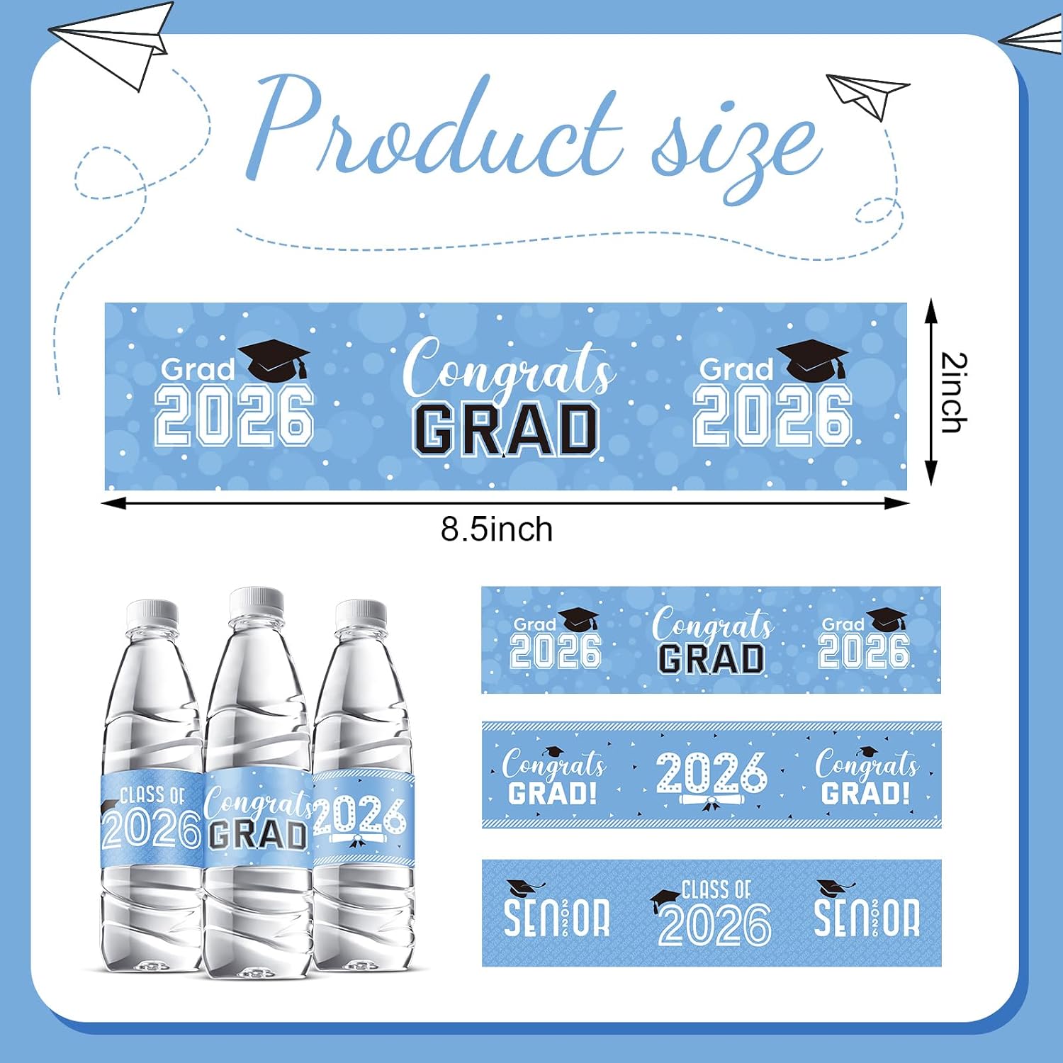Outus 39 Pcs Graduation Decorations Water Bottle Labels 2026 Congrats Grad Stickers Class of Party Supplies for High School College Nursing Doctorate Graduation Celebration (Light Blue) image 2