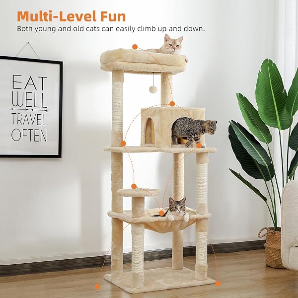 PAWZ Road 143cm Cat Tree for Indoor Cats with Metal Frame Large Hammock, 56.3 Inches Big Cat Tower with Scratching Posts and Top Perch, 4.7ft Multi-Level Activity Center with Replaceable Pompon, Beige - 4