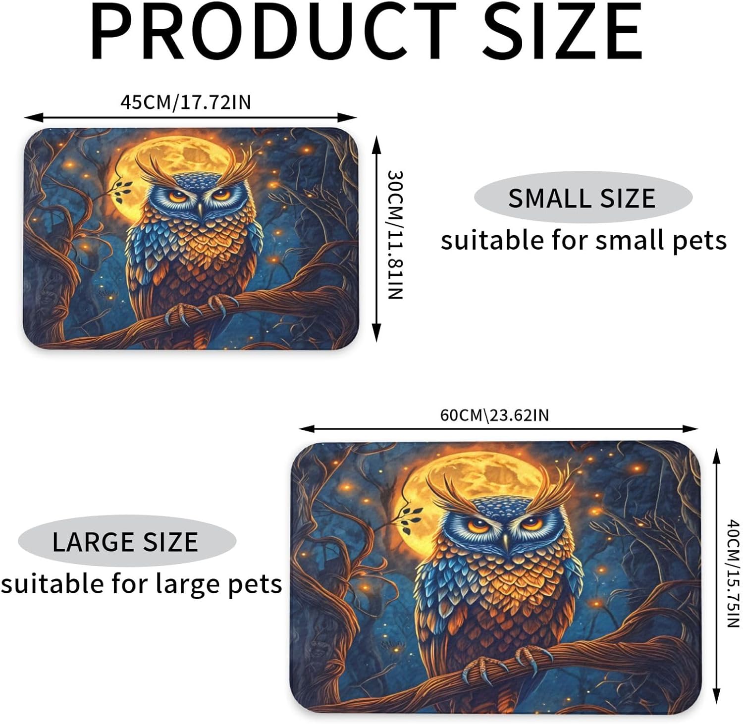 Owl Dog Food Mat, Leather Pet Feeding Mat, Cat Mat for Food, Absorbent Pet Placemat for Indoor Outdoor Water Bowl 40x60cm