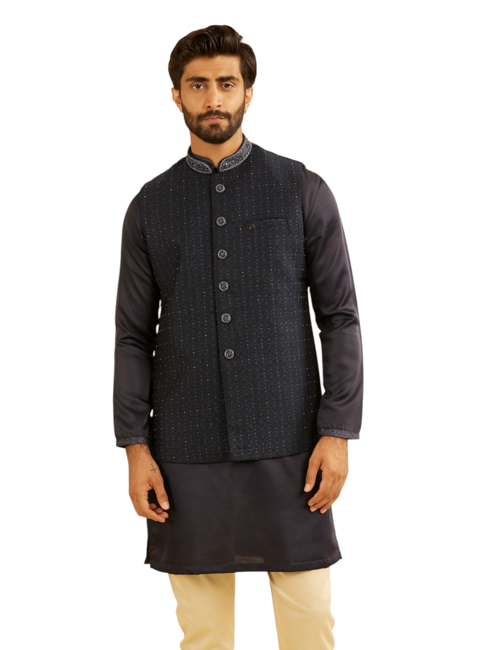 manyavar Men's Rayon Blend Sequinned Elegant Nehru Jacket (1pc)-picture-29