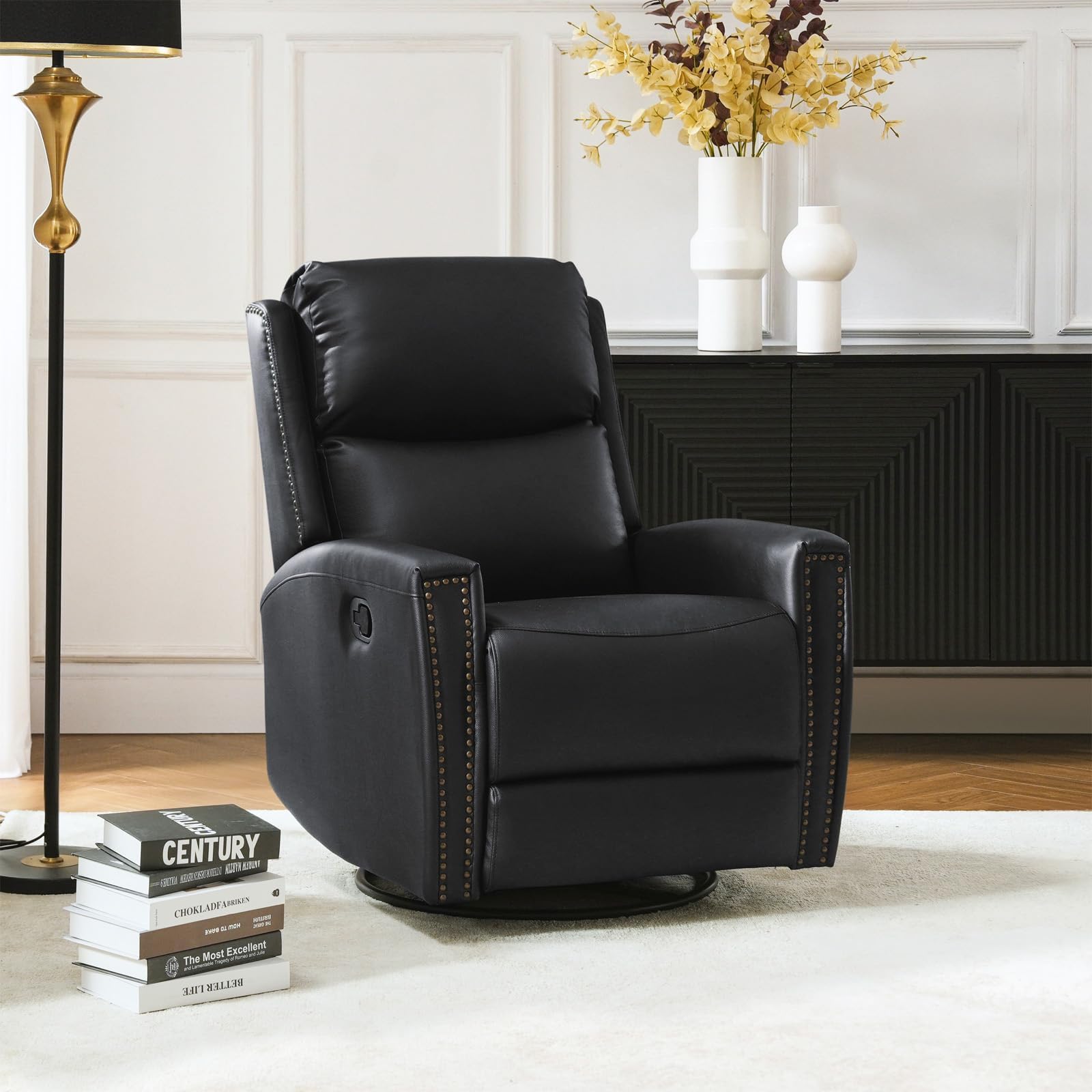 HULALA HOME Genuine Leather Swivel Rocker Recliner, Manual Glider Recliner Chair with Adjustable Backrest & Footrest, Modern Home Theater Lounge Sofa Armchair for Living Room Bedroom, Black