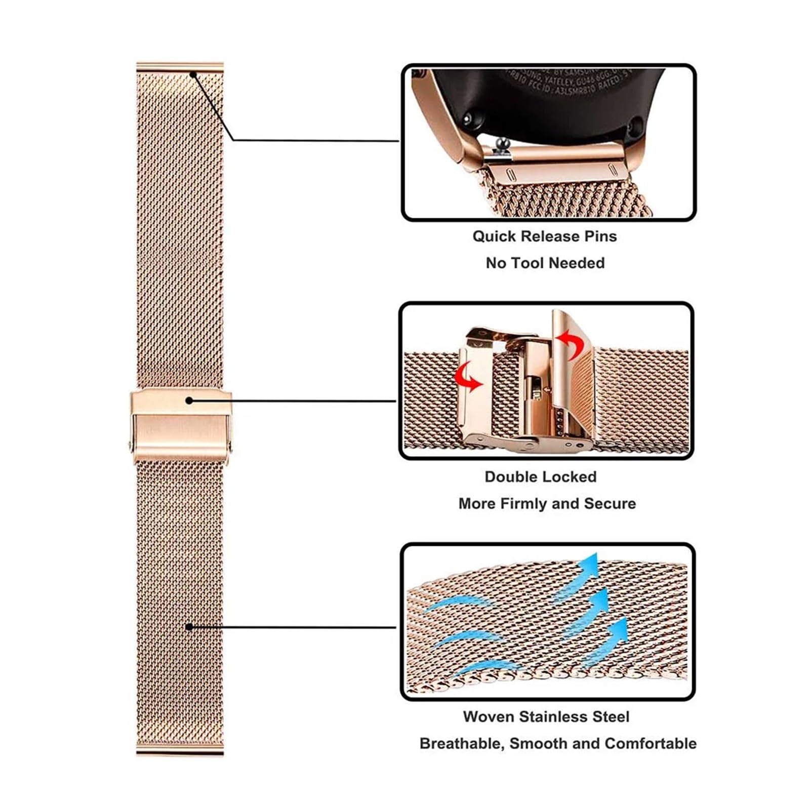 SiChouwz 18mm 20mm 22mm 24mm Szybkozłączka Milanese Solidny Pasek Do Zegarka Ze Stali Nierdzewnej Składana Klamra Do Zegarka(Rosegold 2pcs,24mm)