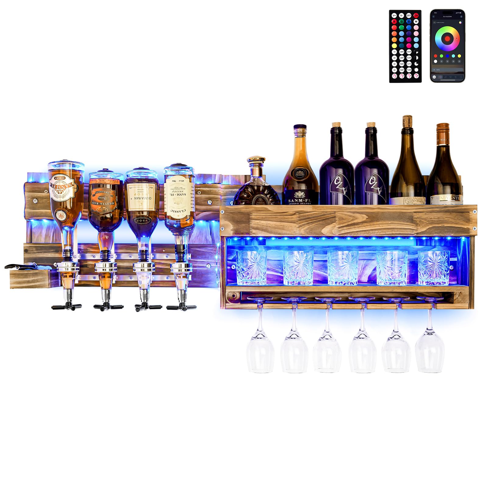 Yorbay Porte-Bouteille Mural Casier à Vin en Bois Bar Mural avec 4 Distributeurs de Boissons Porte-Verre à Pied pour Cuisine Restaurant Cave à Vin Bar-Home (avec LED)