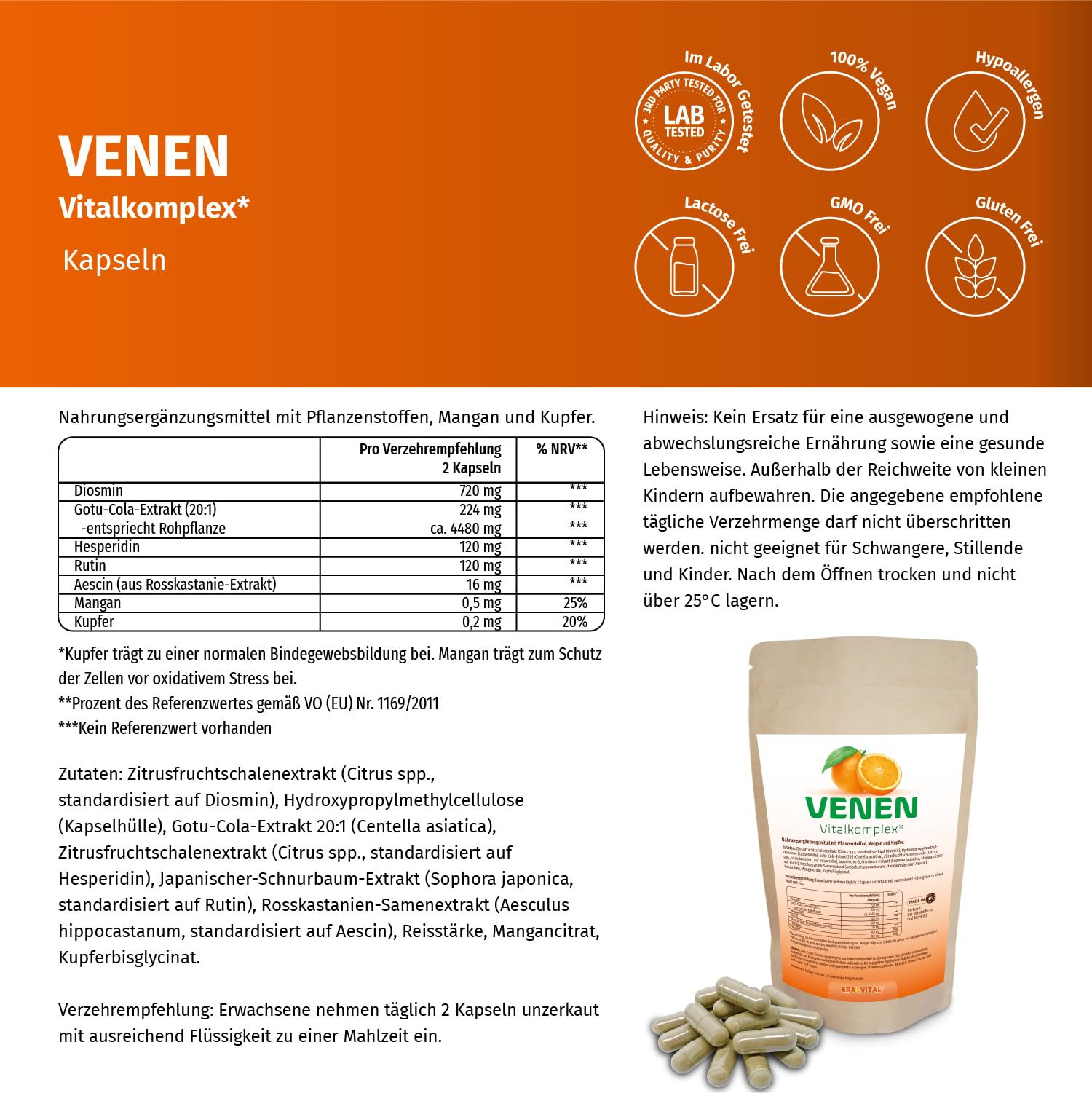 Venen Vitalkomplex – mit Diosmin, Hesperidin, Rutin & Rosskastanie (Aescin) – plus Gotu Cola, Mangan & Kupfer – vegan (360 Stück (1er Pack))