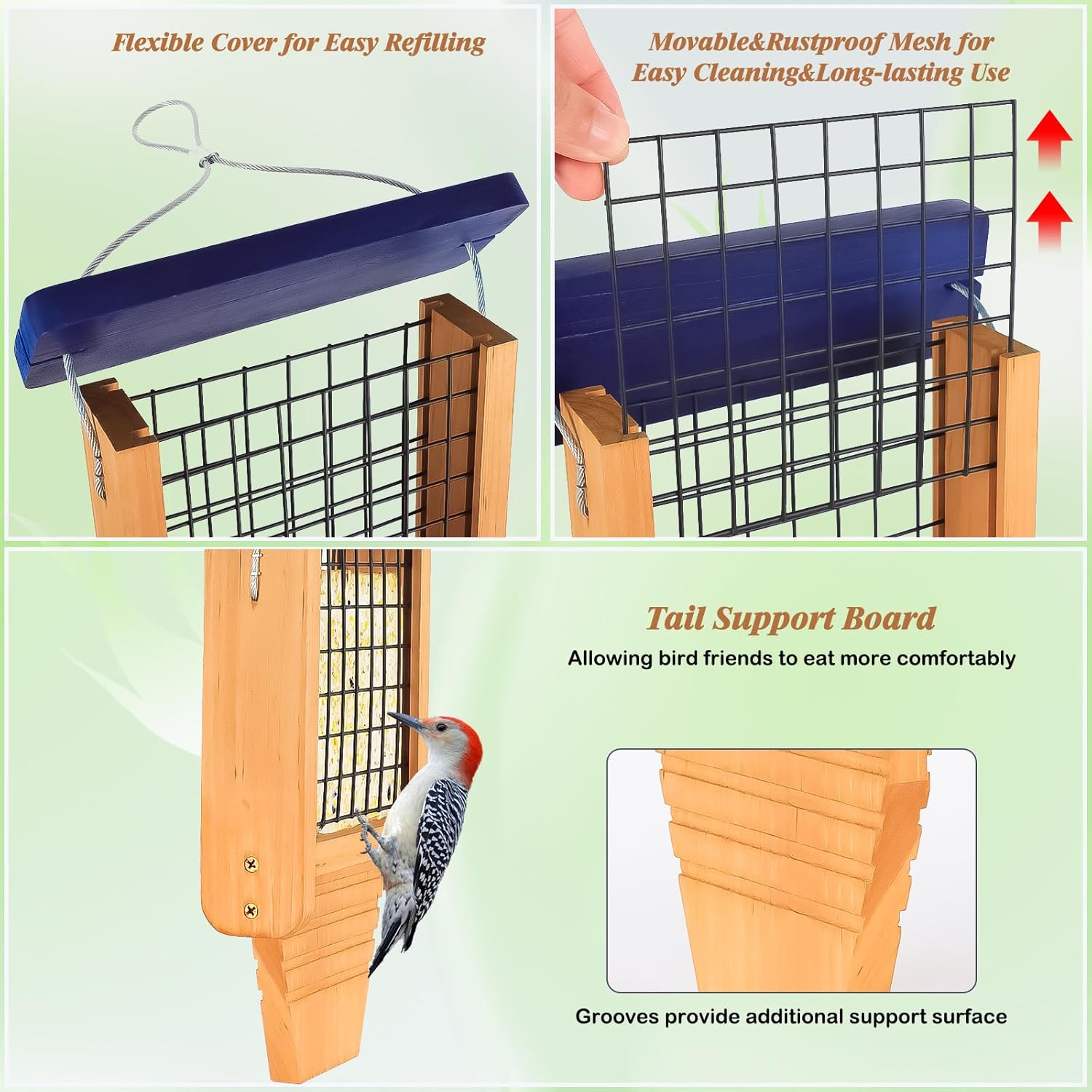 Gbekery Wooden Suet Bird Feeder for Outside Hanging, Woodpecker Suet Feeder with Tail Prop, Hanging Bird Feeder for Wild Birds, 1 Pack, Blue