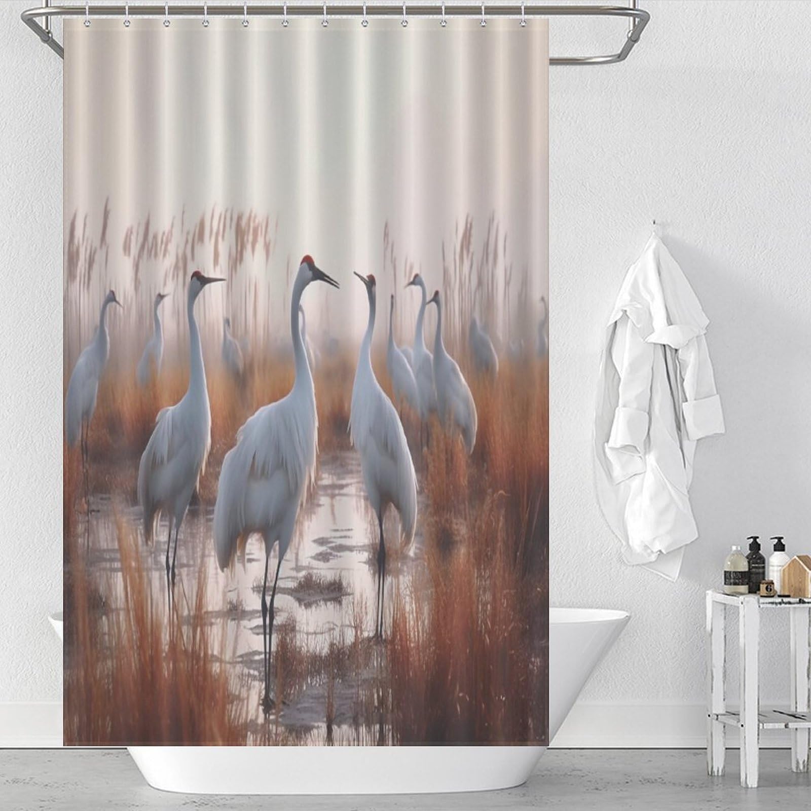 Rideau de douche grue blanche imperméable 122x183 cm avec crochets