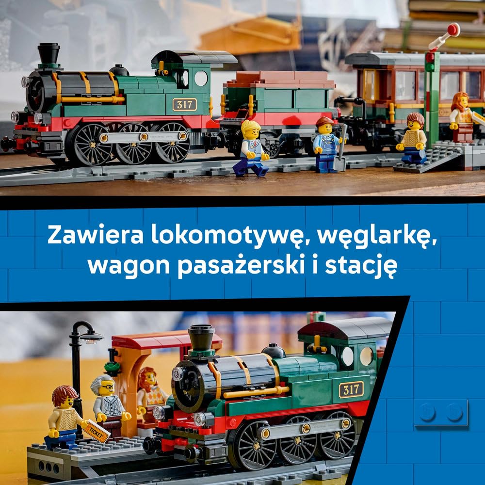 LEGO City Retro pociąg z lokomotywą parową, zabawka konstrukcyjna dla dziecka, zestaw z lokomotywą, węglarką, wagonem pasażerskim i peronem, prezent dla chłopca lub dziewczynki od 7 lat 60511