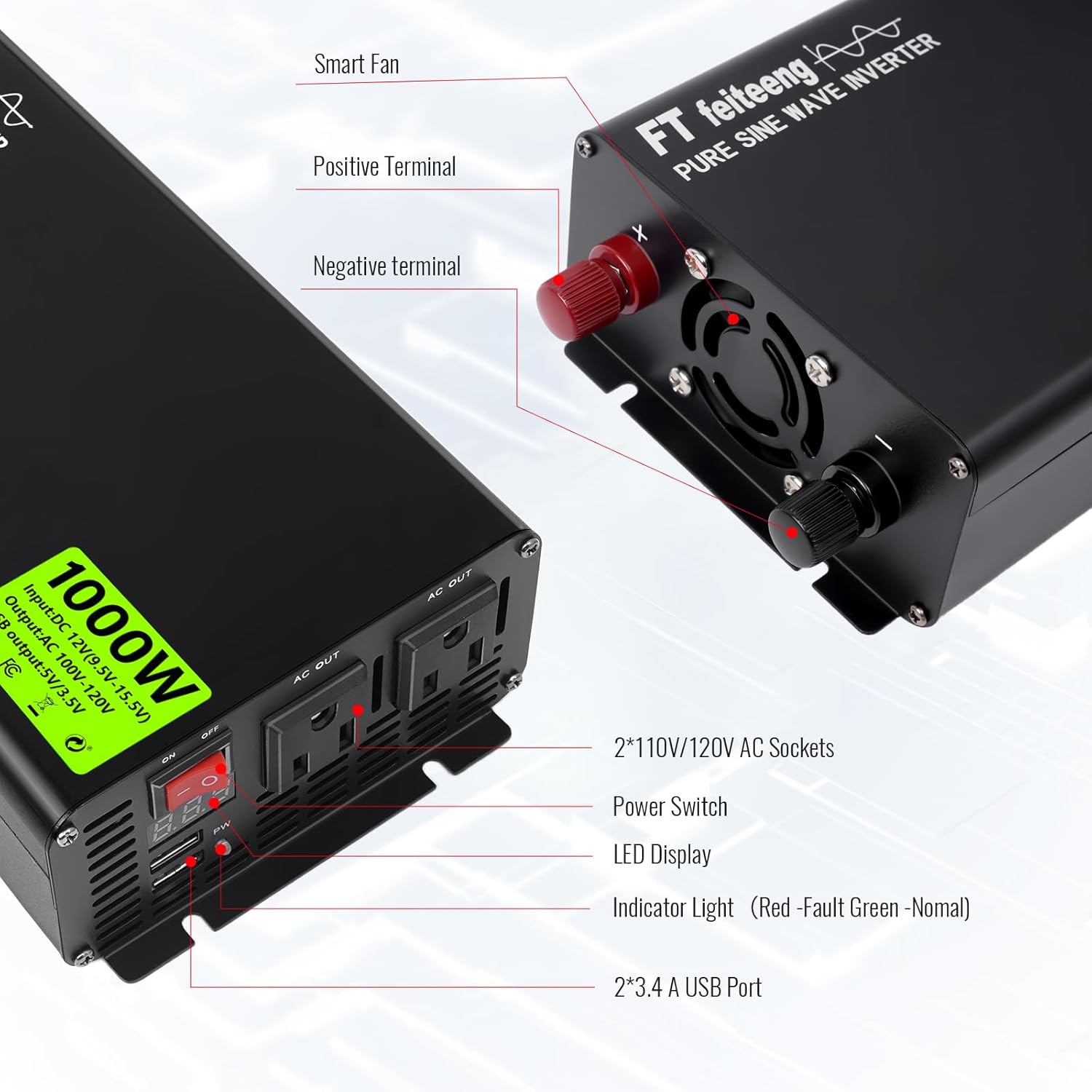 700w Pure Sine Wave Inverter, Dc 12v to Ac 110v/20v Inverter with Dual USB Ports Us Sockets,1400w Peak Car Power Inverter for Vehicles Rv Home Camping Car Truck