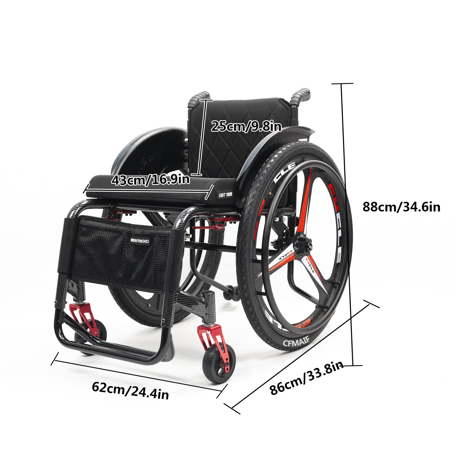 Ultralekkie wózki inwalidzkie z własnym napędem, sportowy wózek inwalidzki, lekki, aluminiowy wózek podróżny, dla dorosłych (43 cm, kolor czarny)