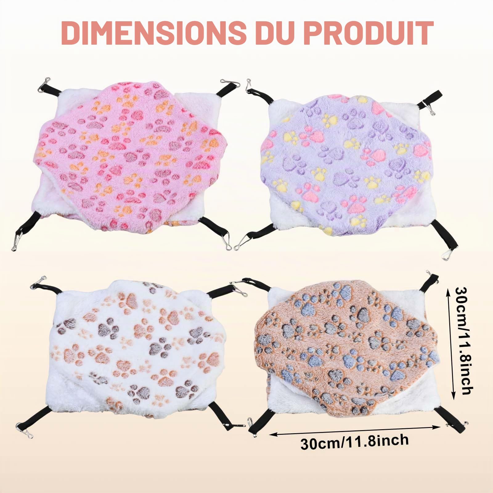 Amexo 4 Pcs Hamac Double Couche pour Petits Animaux de Compagnie - Suspendus pour Furet, Hamster, Rat, Écureuil, Chinchilla, Cochon d'Inde (30 x 30 cm, Empreinte de Patte)