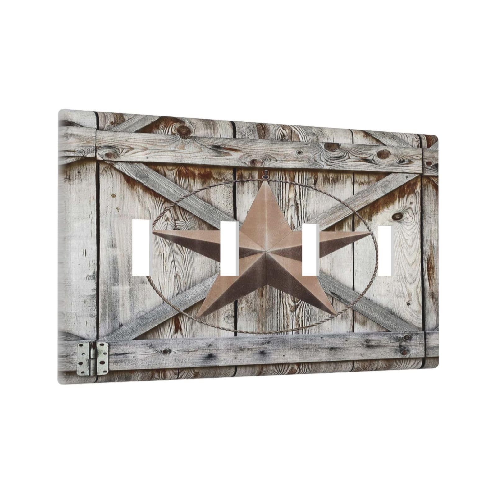 Rustic Western Texas Star Barn Door Quad Toggle Light Switch Cover Decorative Vintage Country Wood 4 Gang Wall Plate Electrical Faceplate Switchplate