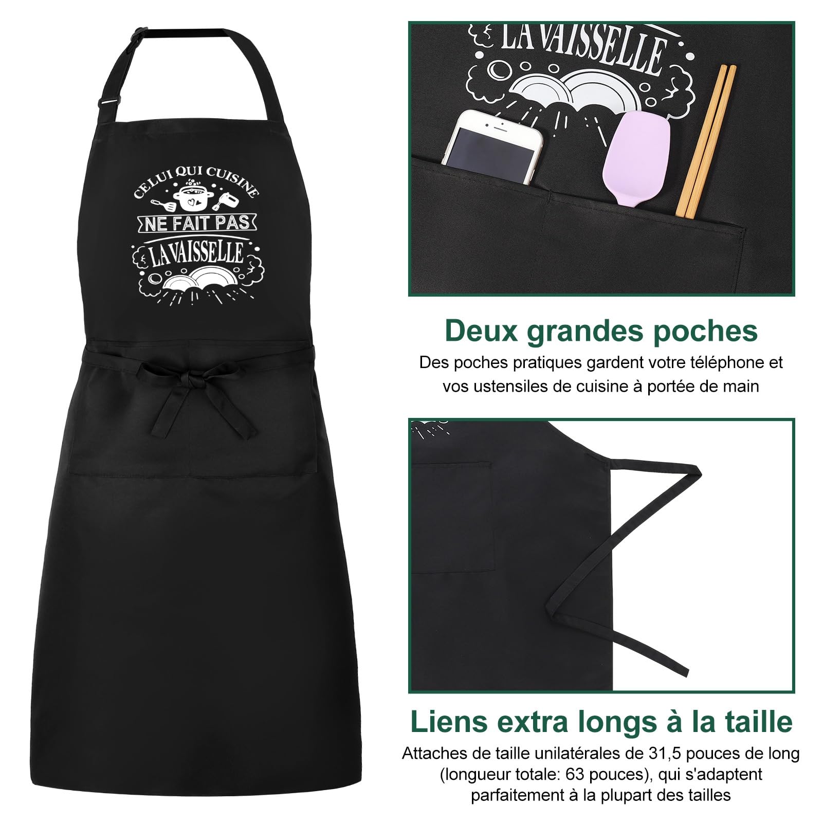 Tablier de Cuisine pour Homme, Tabliers de Cuisine Étanche Réglable Tablier Barbecue avec Poches Idée Cadeau Fête des pères