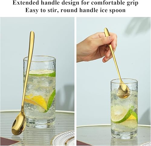 Miniatura 6 de Juego de 12 cucharas de té helado de mango largo dorado, cucharaditas de acero inoxidable dorado chapado en titanio, cuchara de barra para agitar,