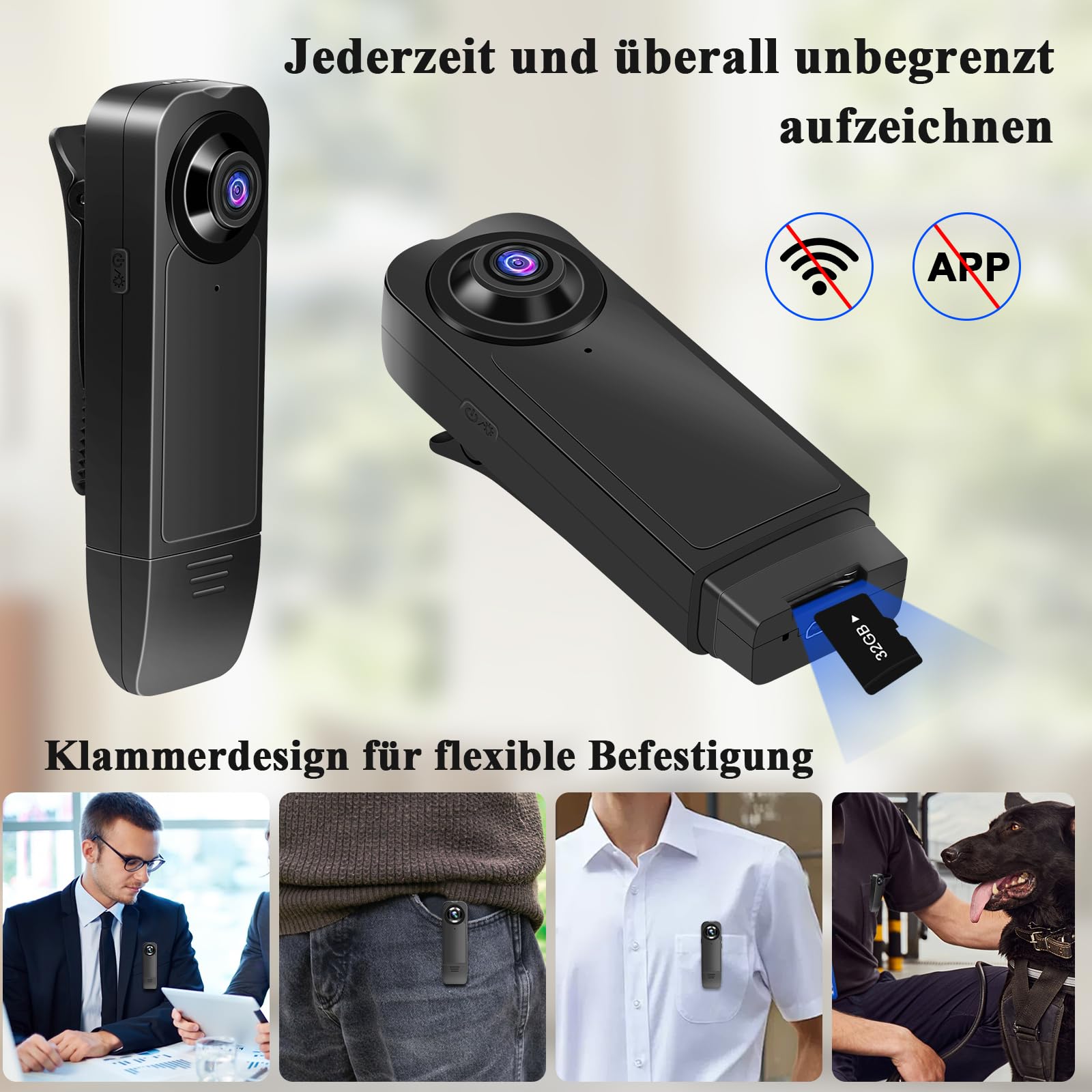 Bodycam HD 1080P Mini Kamera mit 32GB Speicherkarte, Nachtsicht, Audio Video Aufzeichnung