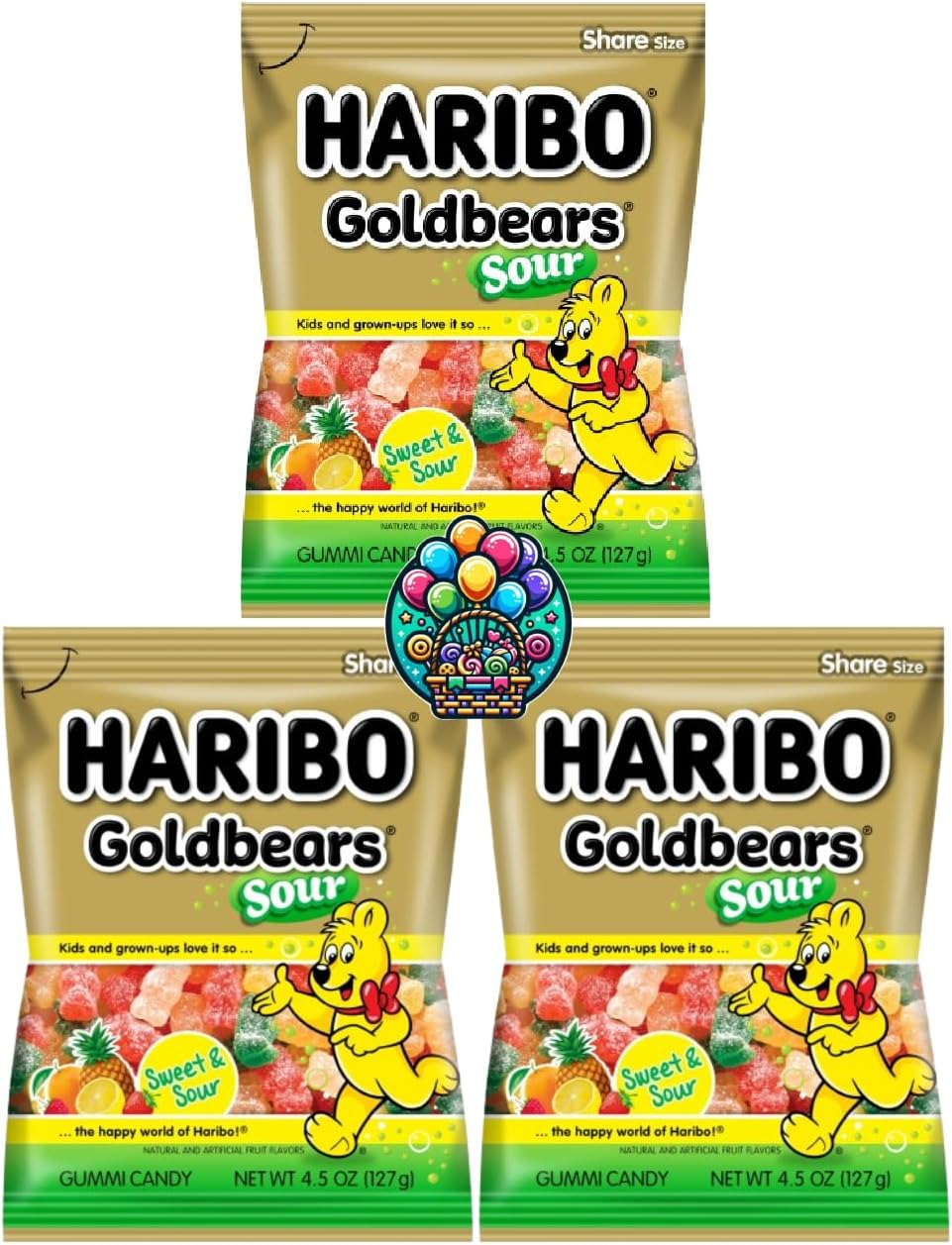Sour Gold Bears Gummy Chewy Candy - 4.5oz. (Pack of 3) Share Size Peg Bags for Halloween, Christmas and more in a NikAn Supplies Bag