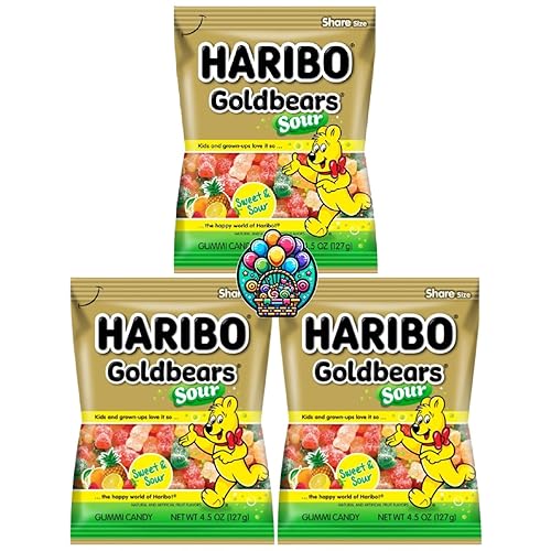 Sour Gold Bears Gummy Chewy Candy - 4.5oz. (Pack of 3) Share Size Peg Bags for Halloween, Christmas and more in a NikAn Supplies Bag - Sour Goldbears
