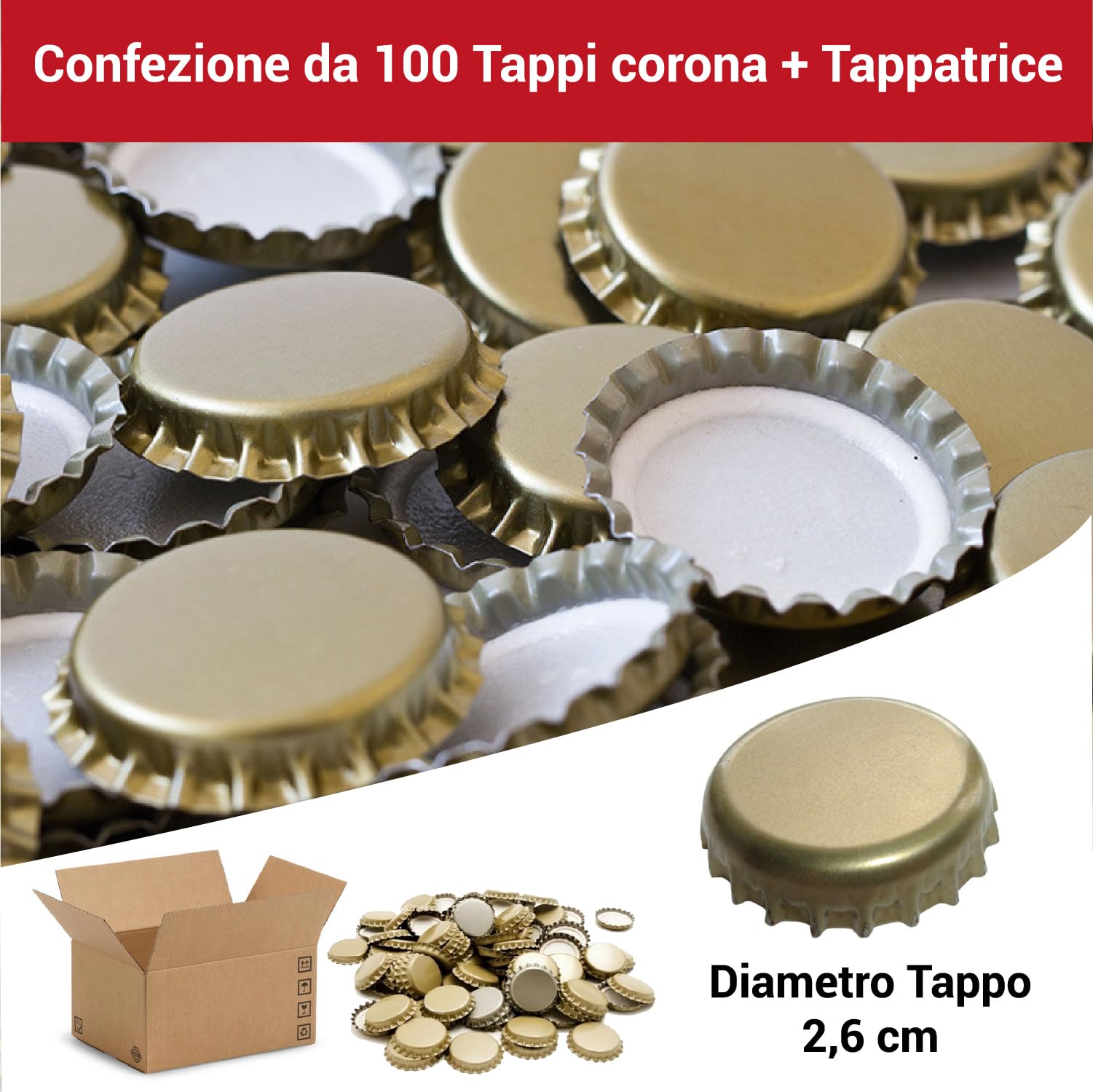 Crisalide® - Tappatrice a Due Leve per Tappi a Corona Ø 26,5 mm, Inclusi 100 Tappi a Corona da Bollitura, Impugnatura Ergonomica per Vino Birra Conserve