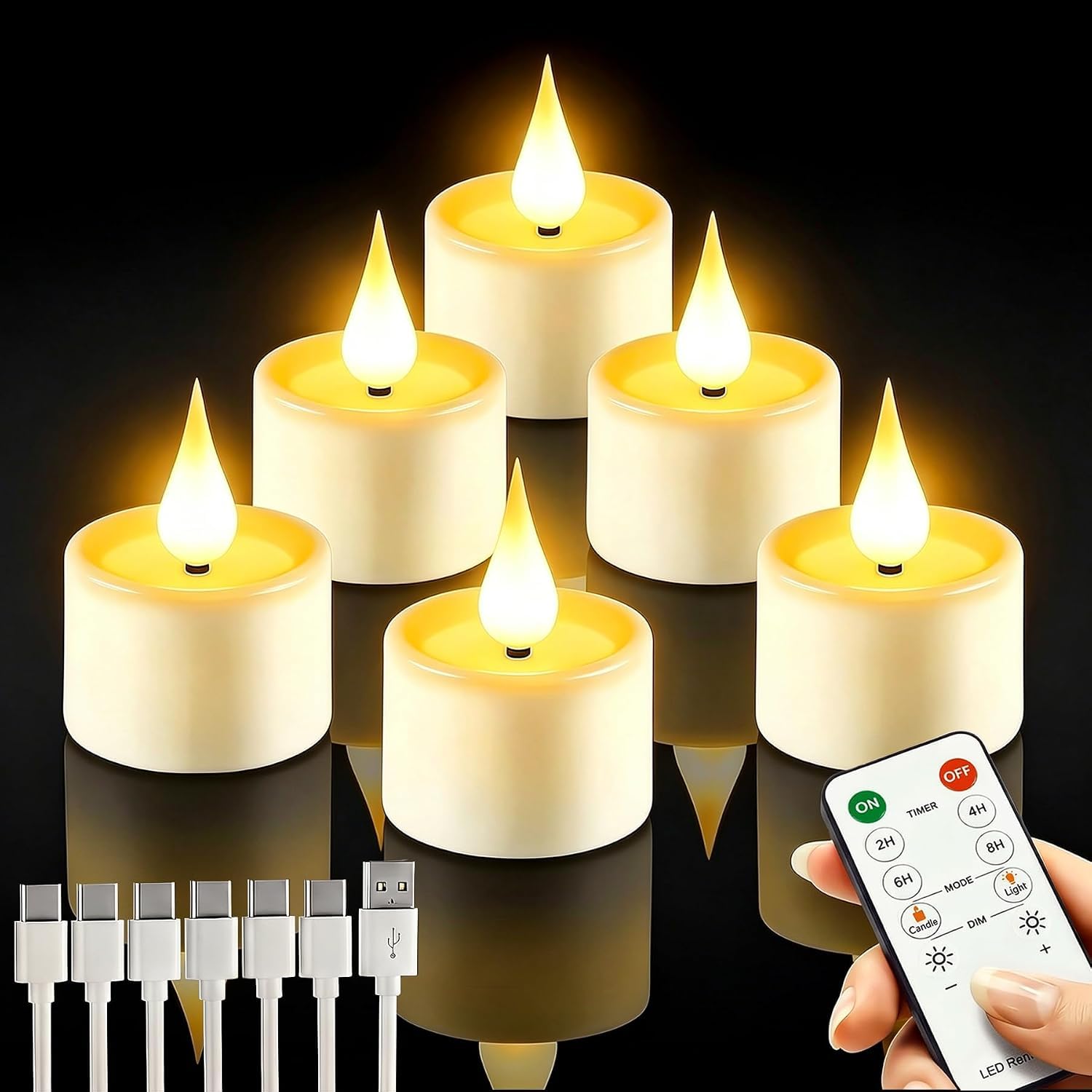 Aogled LED Teelichter Wiederaufladbar mit Fernbedienung & Timer 6 stück | Dimmbar Warmweiß Flammenlose 50-70 Std mit USB-Ladeanschluss für Hochzeit, Party, Wohnzimmer Halloween & Weihnachtsdeko