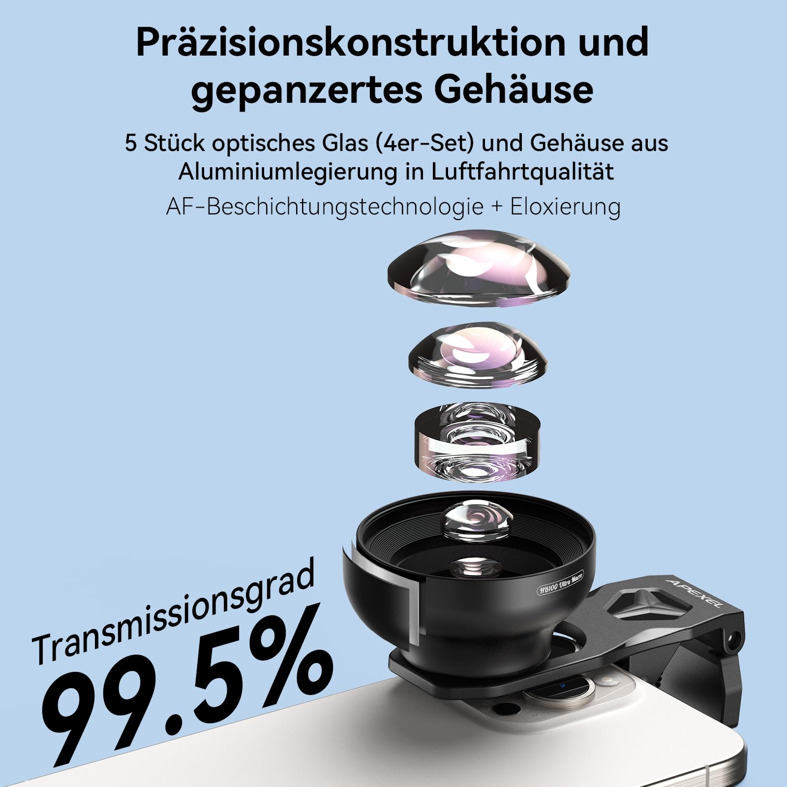APEXEL HB100 Ultra-HD Handy-Makroobjektiv F1.05 mit mit 45 Fülllichtmodi und AF-Beschichtung,Handy Objektive Passend für iPhone, Samsung, Pixel Smartphones