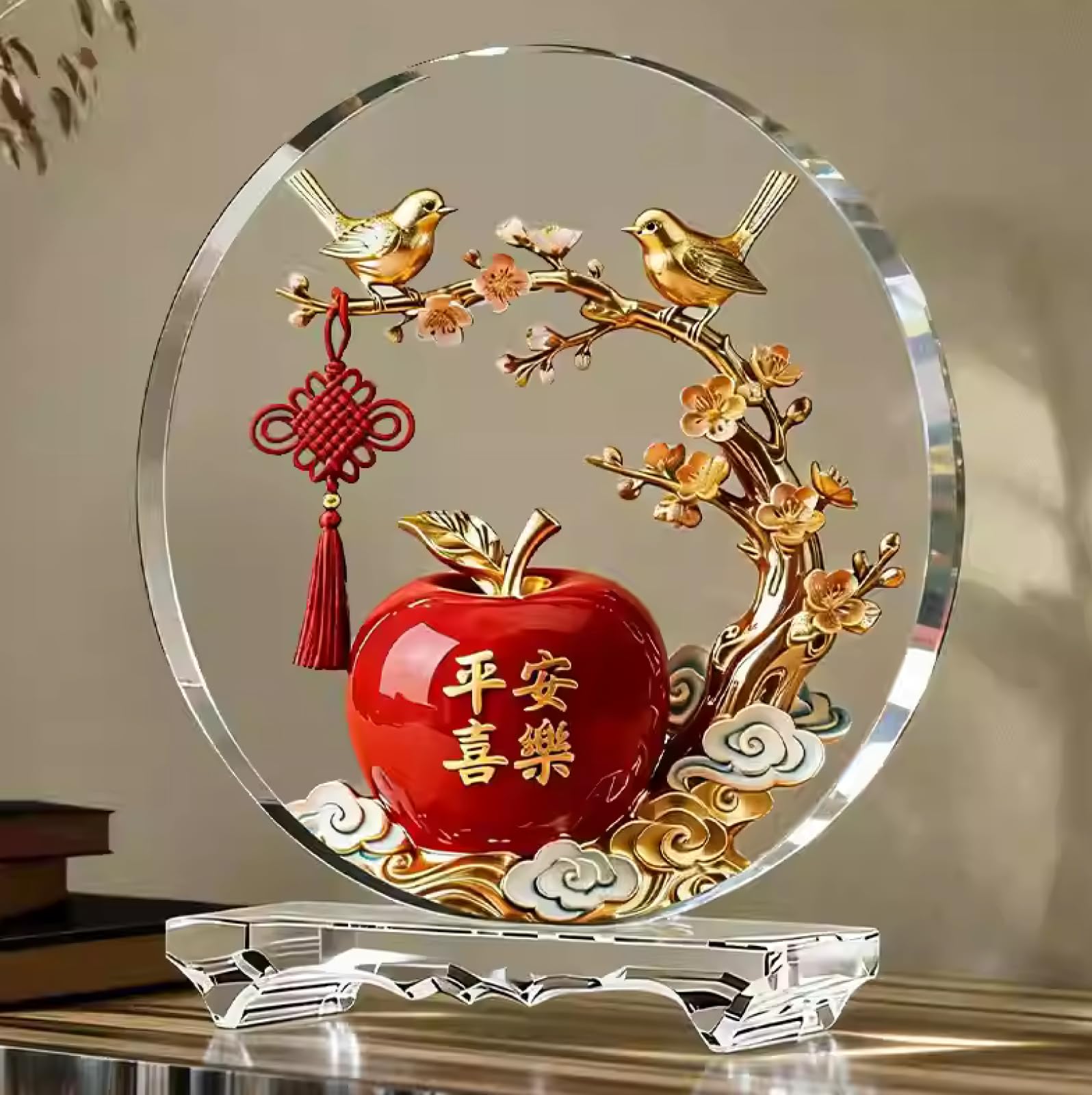 Glasskulptur Elster mit rotem Apfel Ornament aus Glas Geschenkidee zum Geburtstag oder zur Hochzeit Tischdekoration für Wohnzimmer und Esszimmer