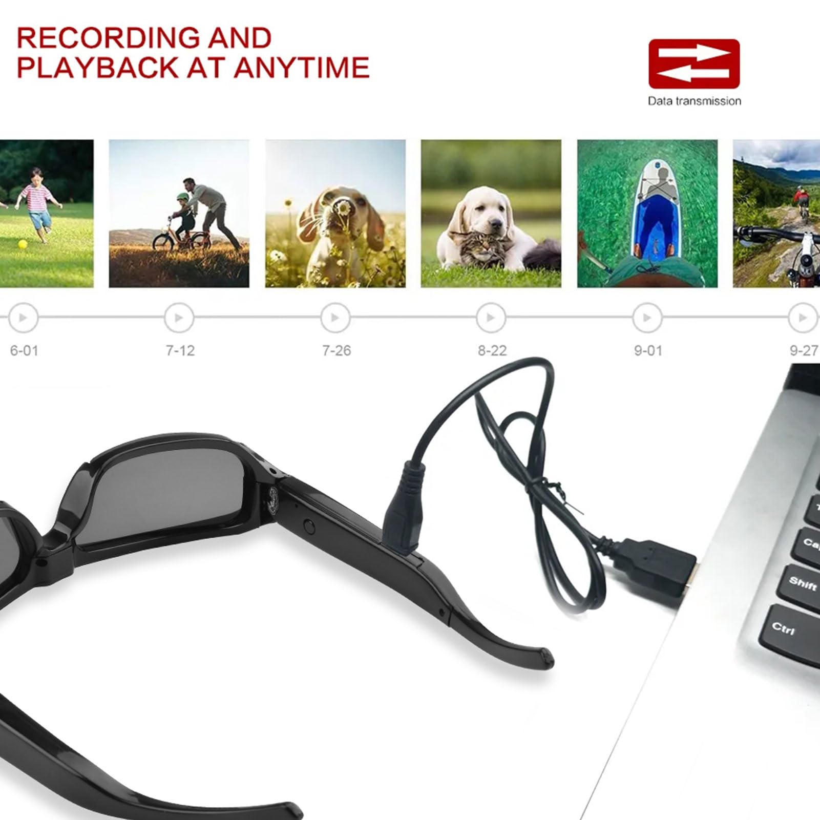 Zunate Lunettes de Soleil avec Caméra 1080P, Lunettes de Caméra d'action de Sport avec Objectif Grand Angle, Photo en Un Seul, Vidéo Double, pour Les Voyages à Vélo