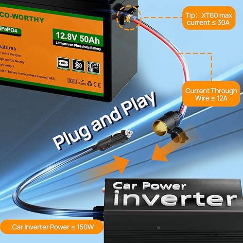 Miniatura 3 de ECO-WORTHY Batería de litio LiFePO4 de 12 V 50 Ah con interfaz XT60, Bluetooth 5.0, protección a baja temperatura, se conecta al inversor de