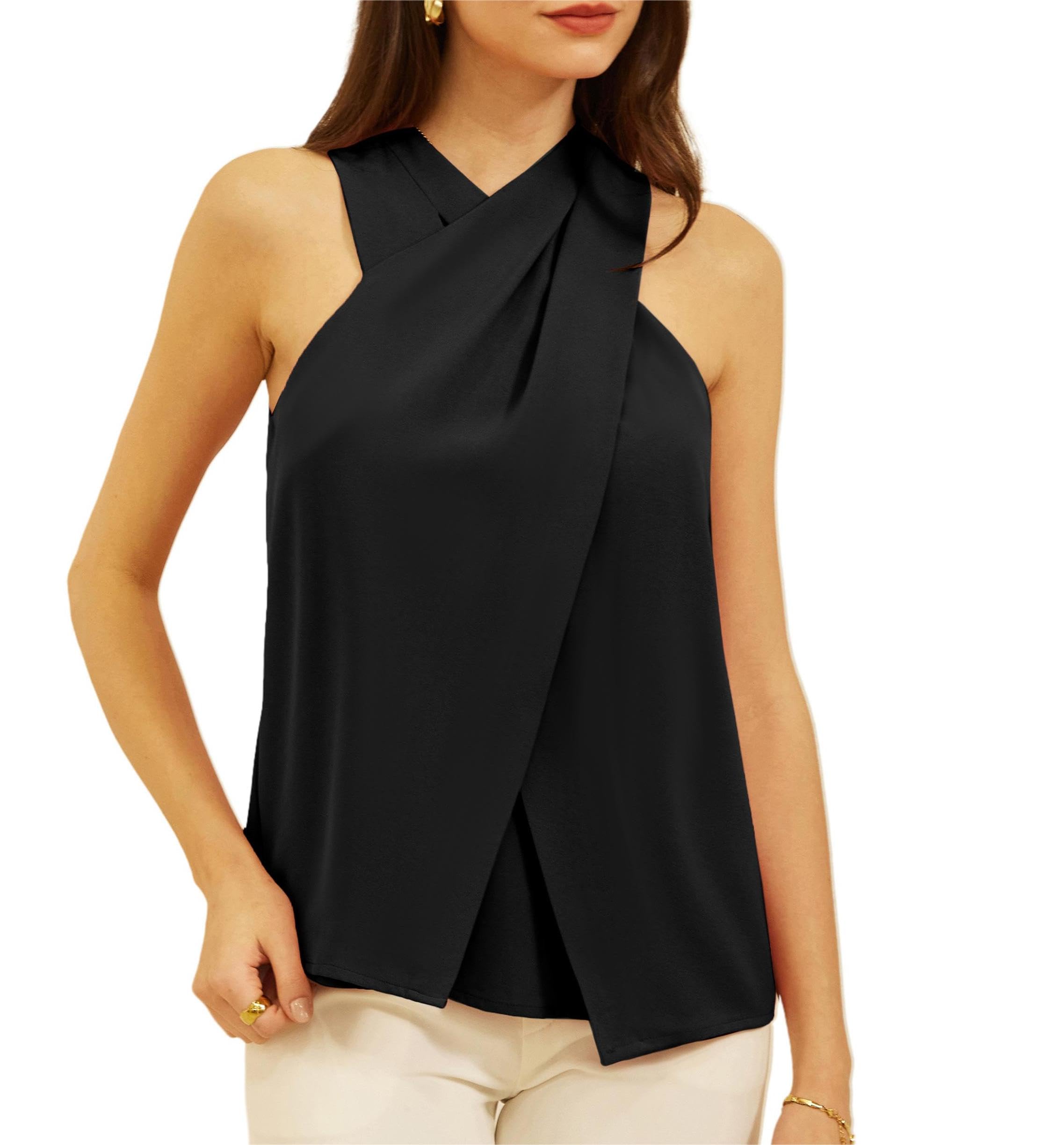 GRACE KARIN Camiseta sin mangas para mujer, elegante, cruzada, cuello halter, blusa informal, camiseta de verano