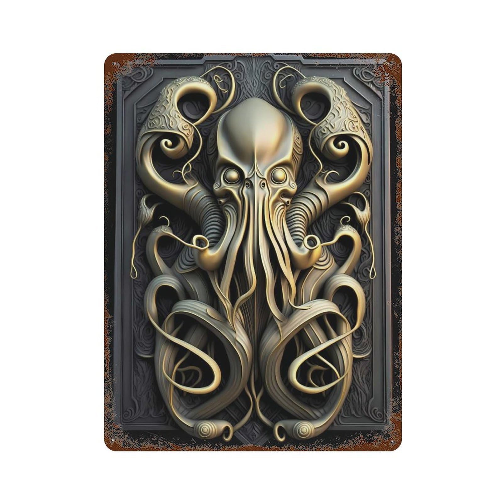 Garage Style Cthulhu Golden Art Deco Distressed Metal Wall Sign 15.7"x11.8", Rustic Home Decor for Bar And Workshop