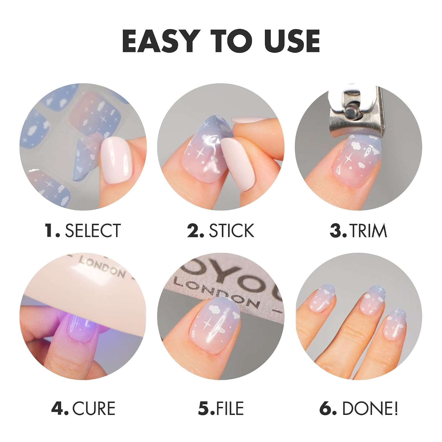MOYOU LONDON Semi Cured Gel Nail Strips - 20 Pcs. Waterproof Gel Nail Wraps, Cures in Sunlight or UV/LED Lamp, Lasts Up to 2+ Weeks, Stretchable, Easy to Apply & Remove, Vegan & Cruelty-Free
