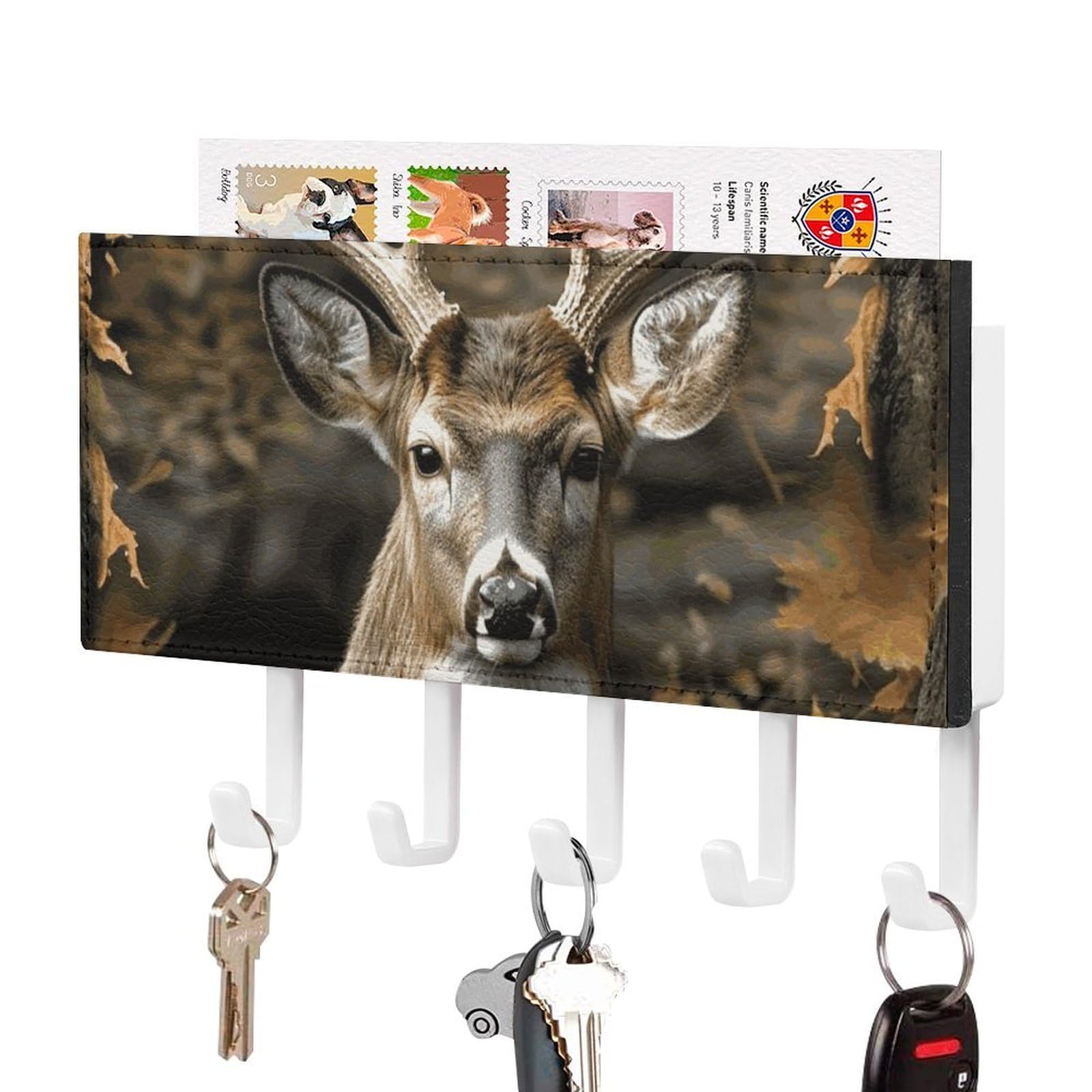 DWVTSLH Camouflage Deer Key Holder for Wall, Decorative Key Hooks with Mail Organizer & 5 Hooks, Self Adhesive Leather Key Hanger for Entryway, Wall Mounted Key Rack (7.1” X 4.3” X 0.9”)