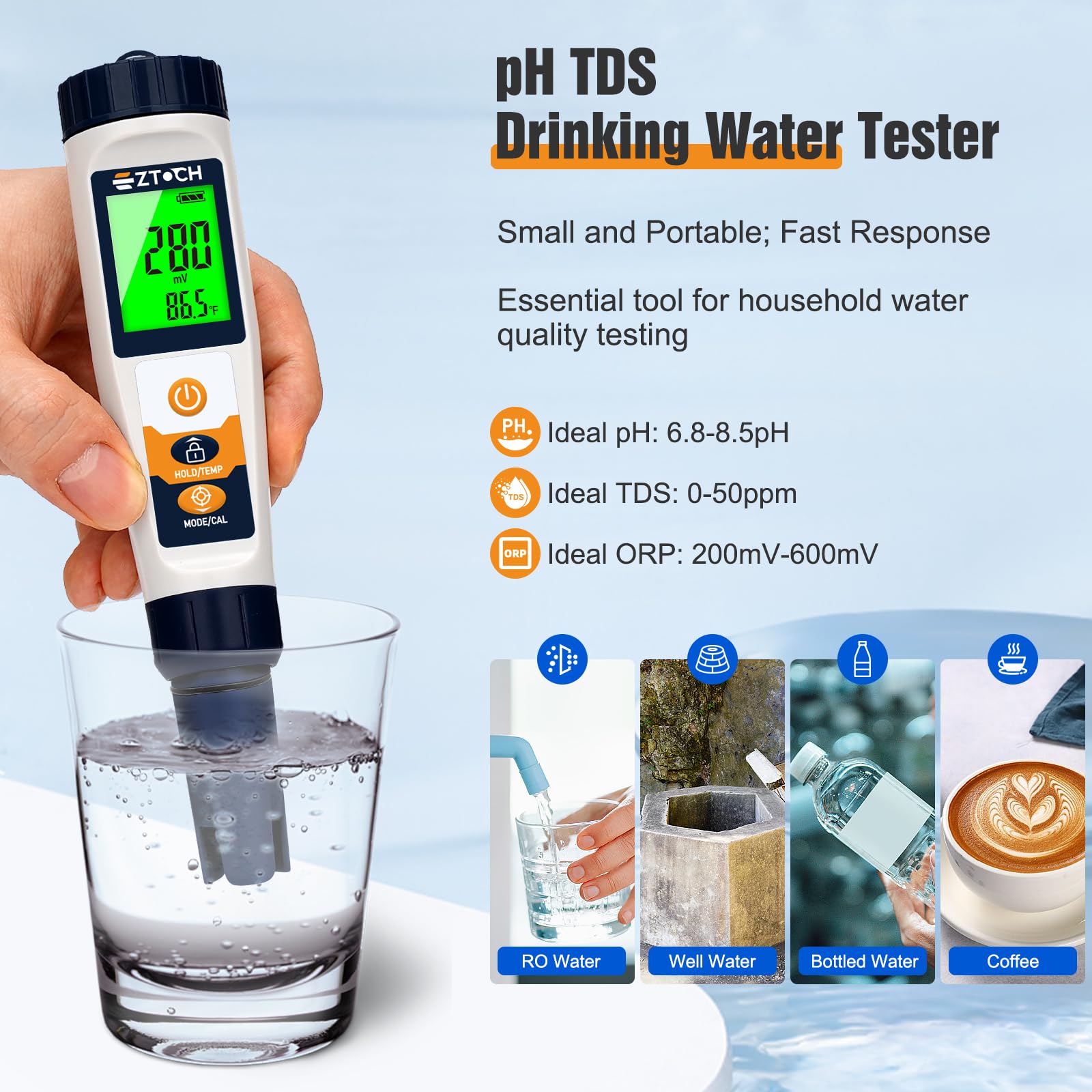 Medidor de agua de hidrógeno pH H2 ORP, medidor hidropónico pH TDS EC, 6 en 1 pH H2 ORP TDS EC Temp Tester para agua potable y piscina, probador de hidrógeno disuelto para botella de agua de hidrógeno