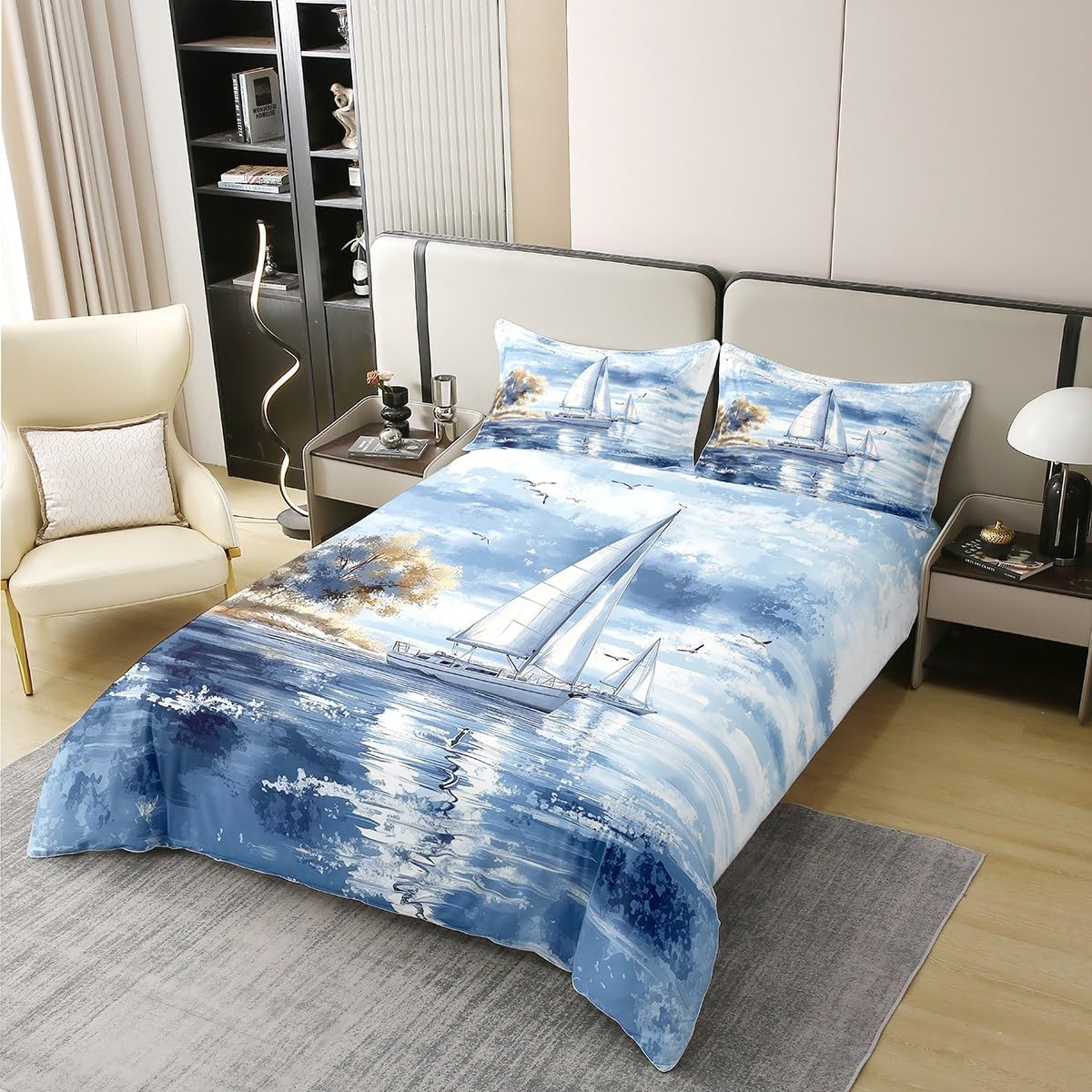 Sailboat 100% Natural Cotton Bedding Set King,Nautical Ocean Duvet Cover 3pcs,Kids Boys Girls Sea Adventure Comforter Cover,Ocean Themed Modern Quilt Cover,Not Comforter