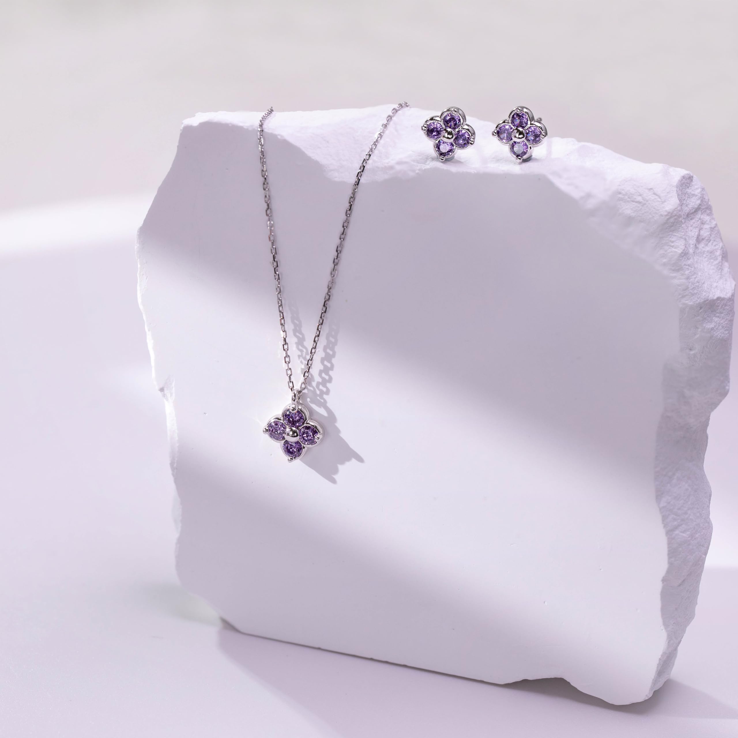 Amethyst Schmuckset Silber 925 Damen Kleeblatt Anhänger 45cm | Hypoallergen,Amethyst Halskette und Ohrringe Set,Februar Geburtsstein,Valentinstagsgeschenke,Tägliches Tragen,5A Zirkon