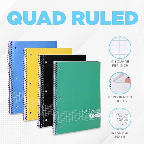 Miniatura 10 de Cuaderno de espiral de papel cuadriculado, cuadrícula cuadriculada, papel blanco, páginas perforadas, 10.5 x 8 pulgadas, 1 sujeto encuadernado con