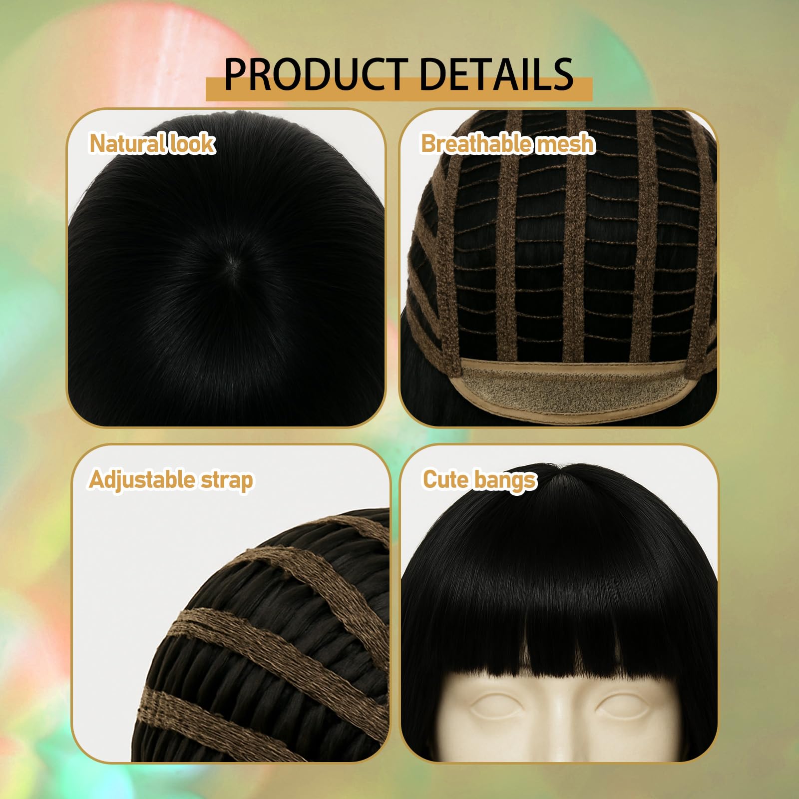 Black Bob Wig, Wigs for Black Women 35cm Natural Looking Synthetic Hair, Adjustable Cap for Daily Use and Cosplay Parties - Image 3