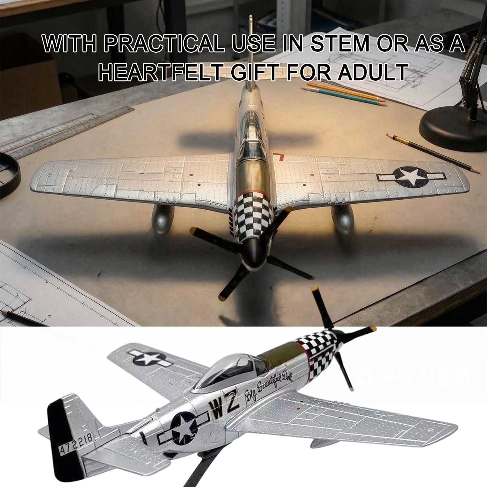P-51D Fighter Aircraft Scale Model 1/72 Scale Metal Die-Cast Display w/Stand Collector-Grade Detailing for Adult Aviation Enthusiasts Military History Buffs Perfect Display Piece Home