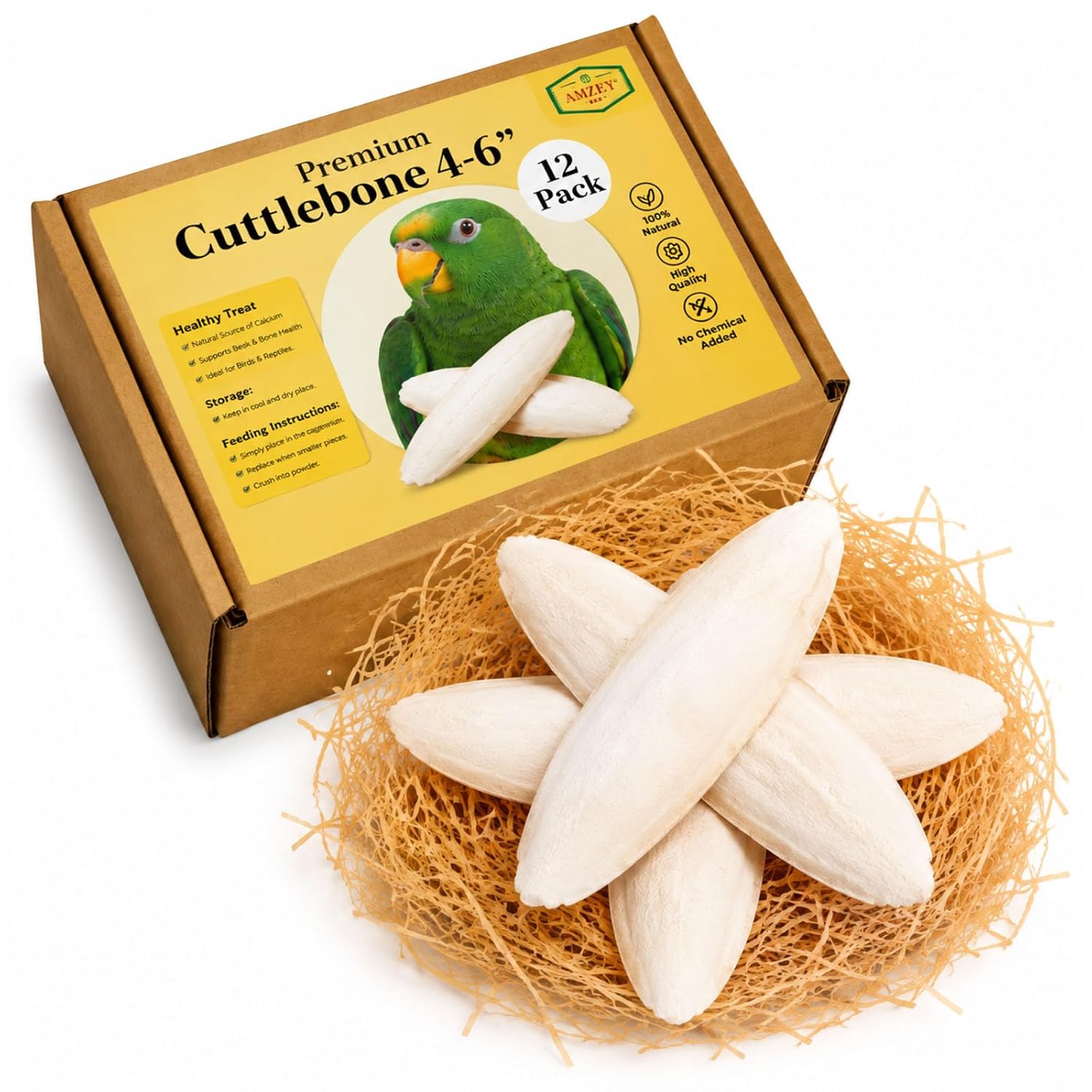 Amzey 12 Pack Cuttlebone for Birds, 4-6 Inches Sun-Dried 100% Natural Calcium Supplement, 100% Pure Cuttlefish Bone for Beak Trimming, Supports Healthy Bones, Feathers & Shells