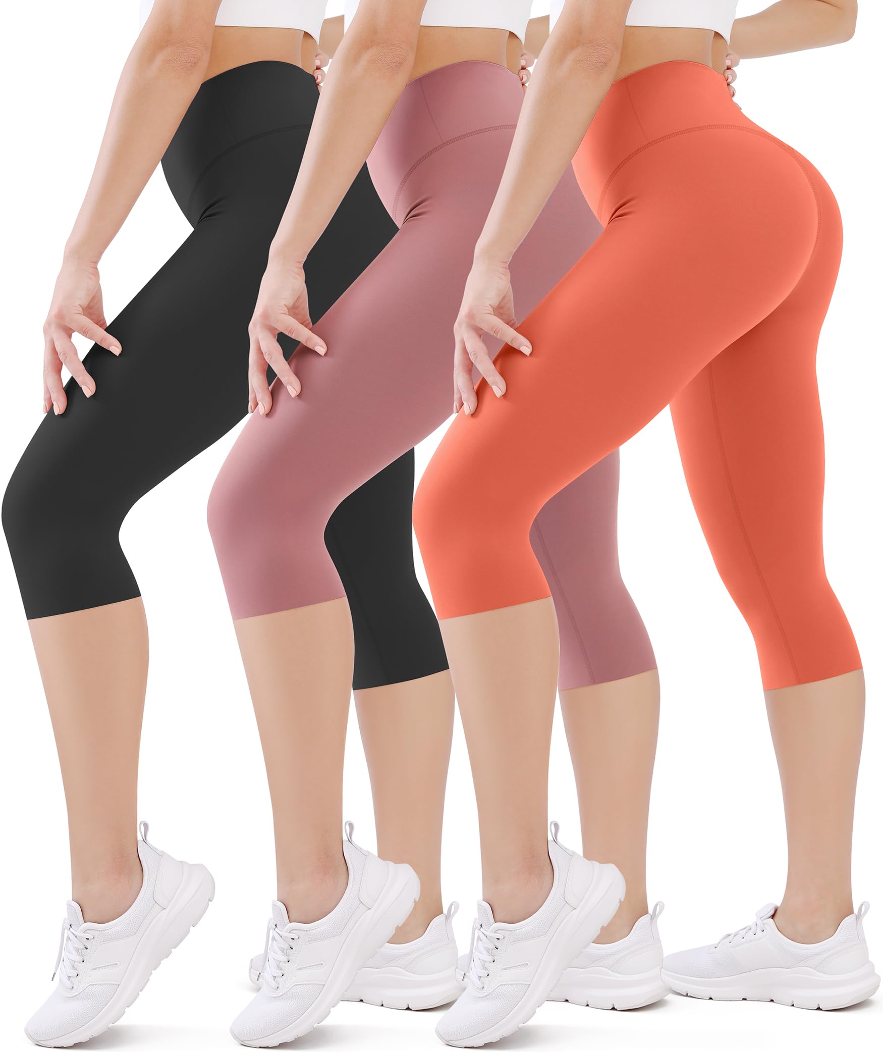 FEYHAY 3 Pack Capri Leggings for Women - High Waisted Yoga Pants with Pockets Workout Running Cycling