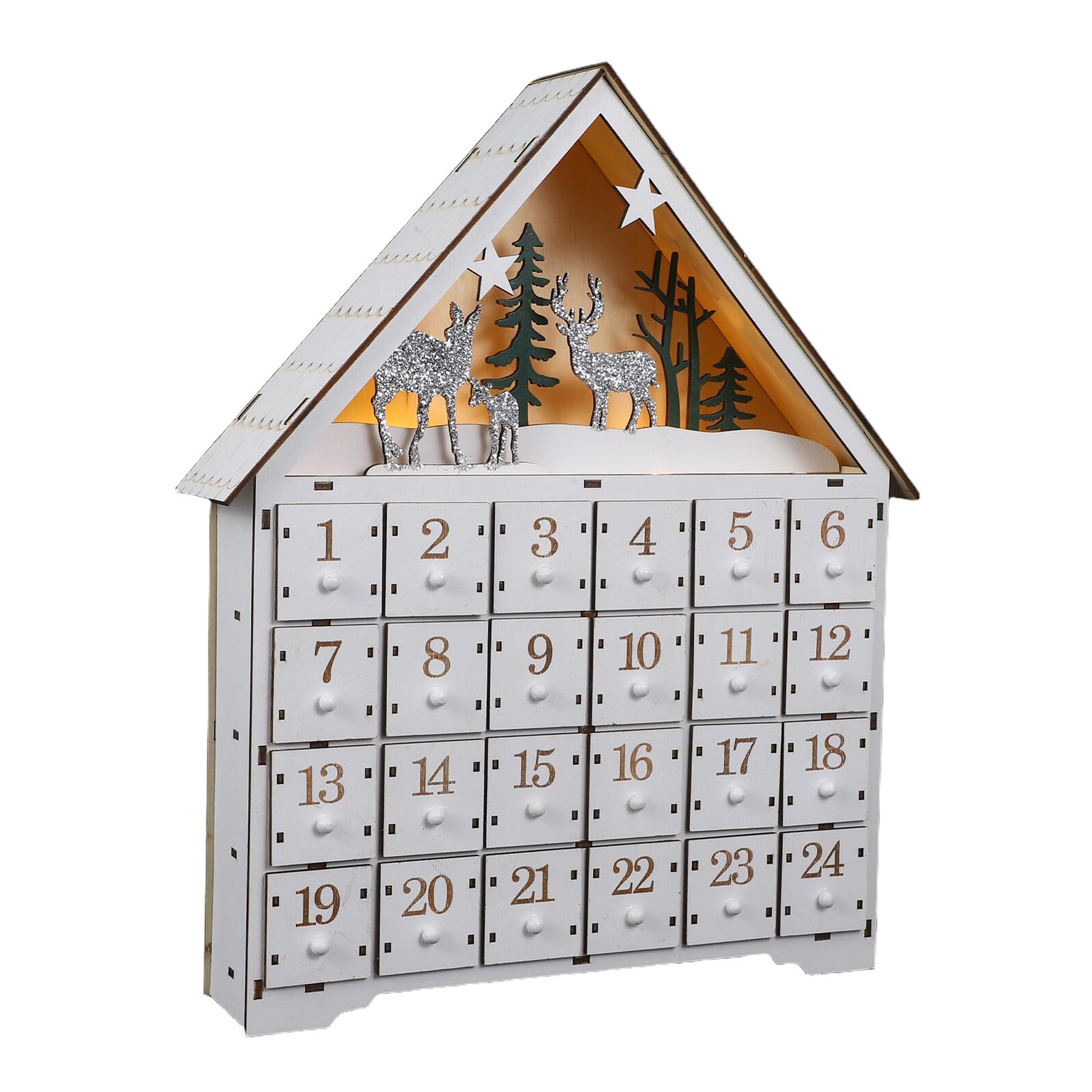 Calendario de Adviento de Madera con Luces LED y Cajones Reutilizables Decoración Navideña con Reno y Casa para Regresiva Hogar Calendario Compacto para Almacenaje Navidad