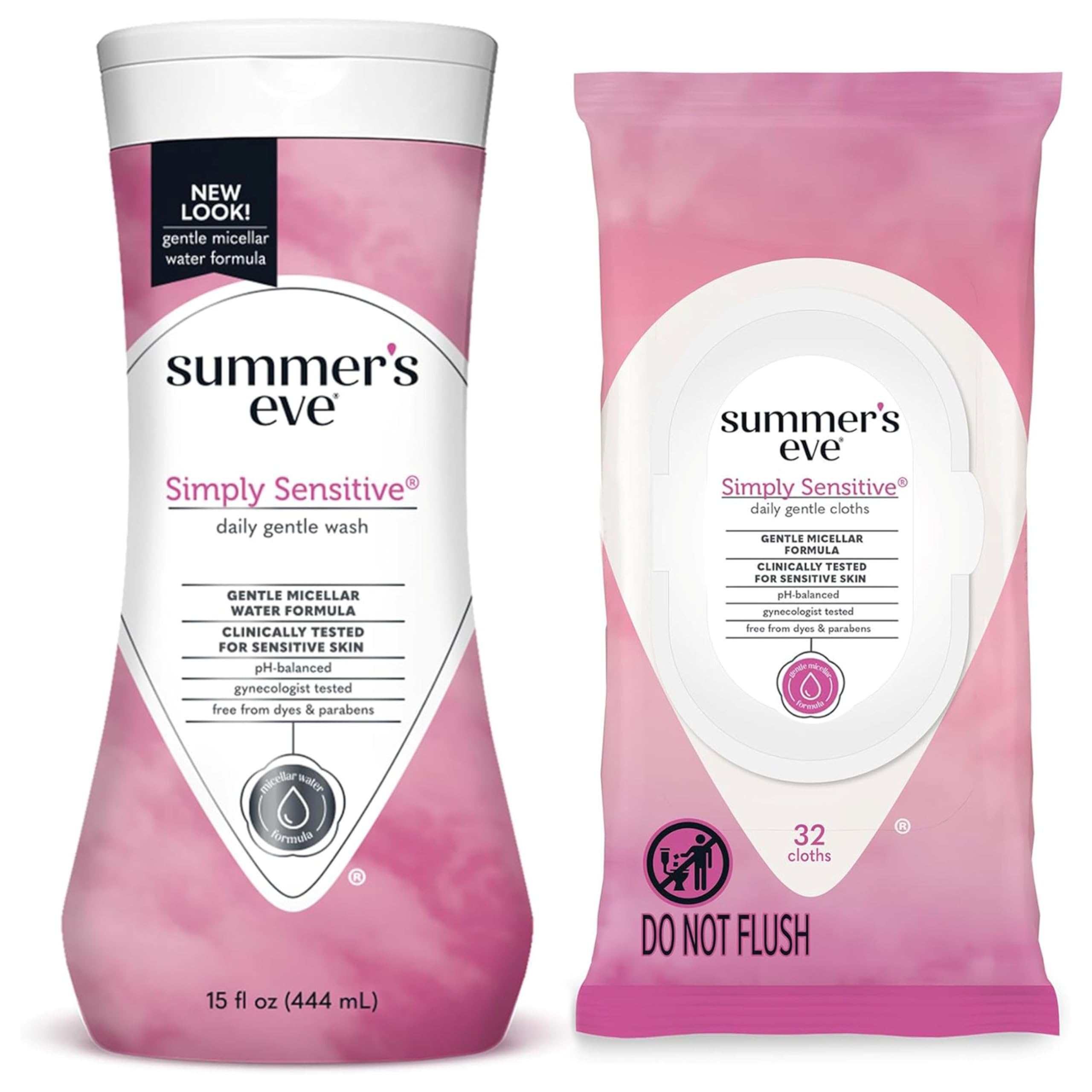 Summer's Eve Simply Sensitive Daily Gentle Feminine Wash & Wipes Bundle, 15 fl oz Body Wash & 32 Count Wipes
