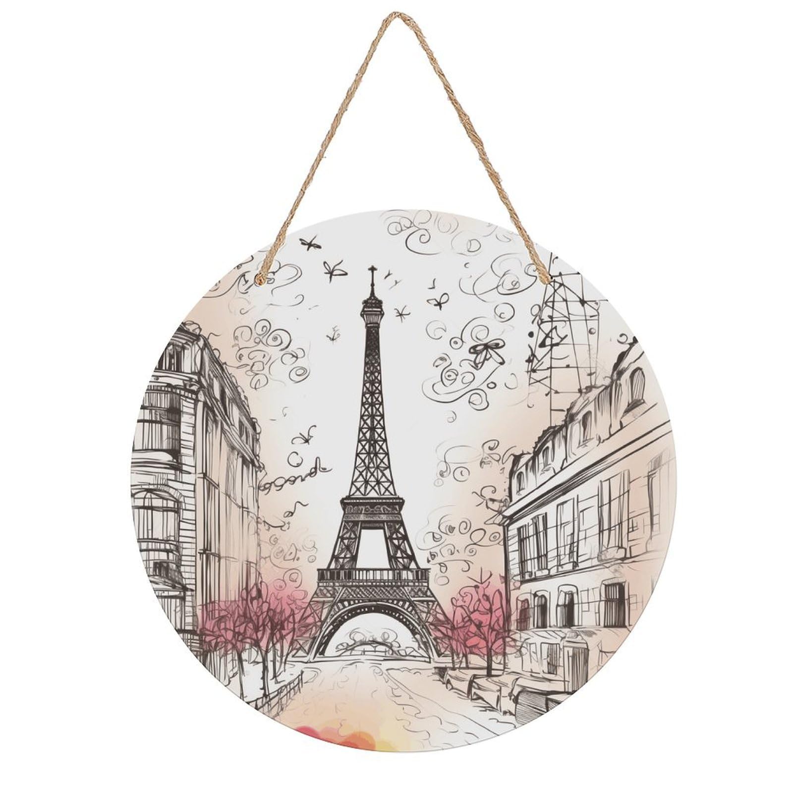 VstaDank French Paris Tour Eiffel Tower Wall Decor Round Wood Hanging Sign 7.9x7.9 in Wooden Circle Door Hanger with Ropes, Rustic Wall Art Decor for Home Front Door Indoor Outdoor Decoration
