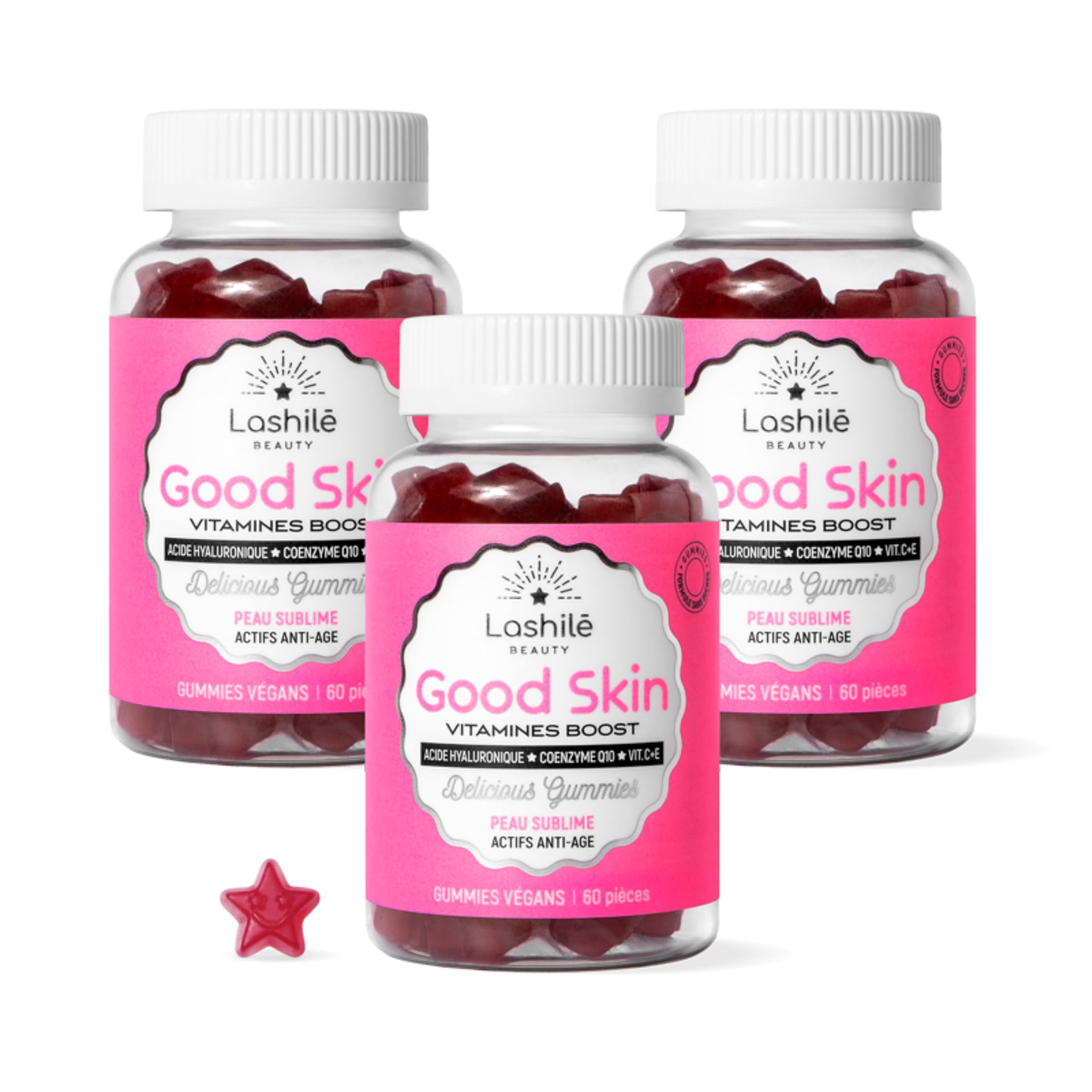 Lashilé Beauty - Gummies Anti-Âge + Anti-Rides - Fermeté & Éclat de la peau - Good Skin Vitamines -Complément Alimentaire Peau - Acide Hyaluronique Q10 Vitamines C & E - Cure 3 Mois 180 Gummies