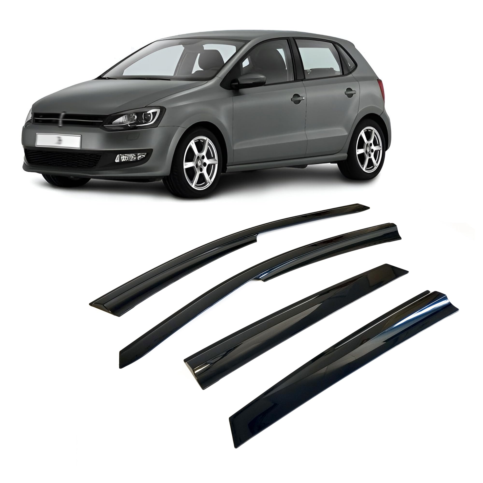 Deflektor, osłona przeciwwiatrowa, osłona na okna boczne, kompatybilna z VW Polo 2010-2017, ochrona przed deszczem, przyklejane deflektory, 4 sztuki, dopasowanie zewnętrzne
