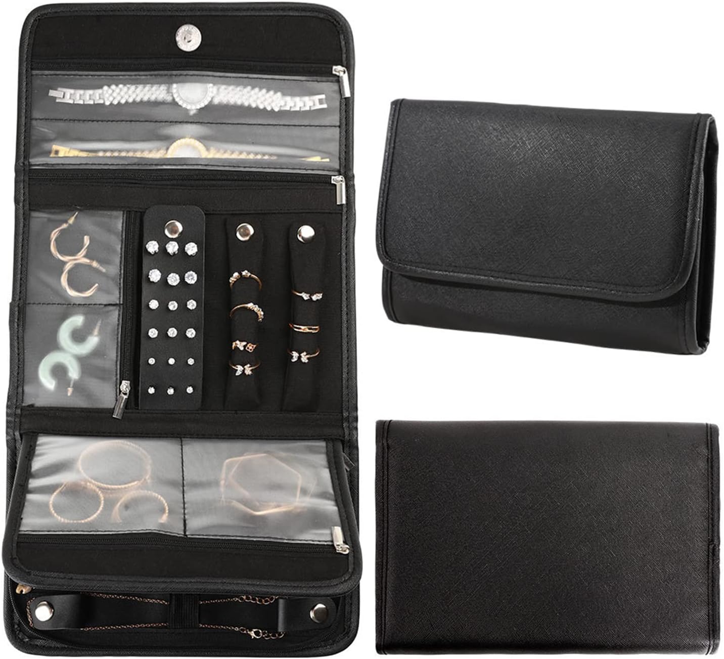 VAODO Folding Jewelry Organizer, Travel Jewelry Organizer Roll, Portable Jewelry Storage with Zipper, Suitable for Storing Necklaces, Earrings, Rings, Watches, Bracelets