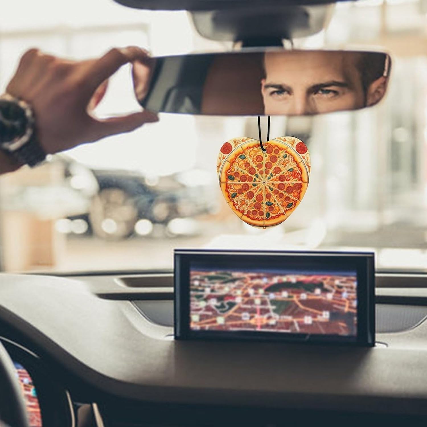 3PCS A Full Pizza Car Air Freshener Hanging Scented Cards Cute Black Car Fresheners Long Lasting New Cars Scents for Women Men Natural Air Freshener with Lanyard Automotive Freshies